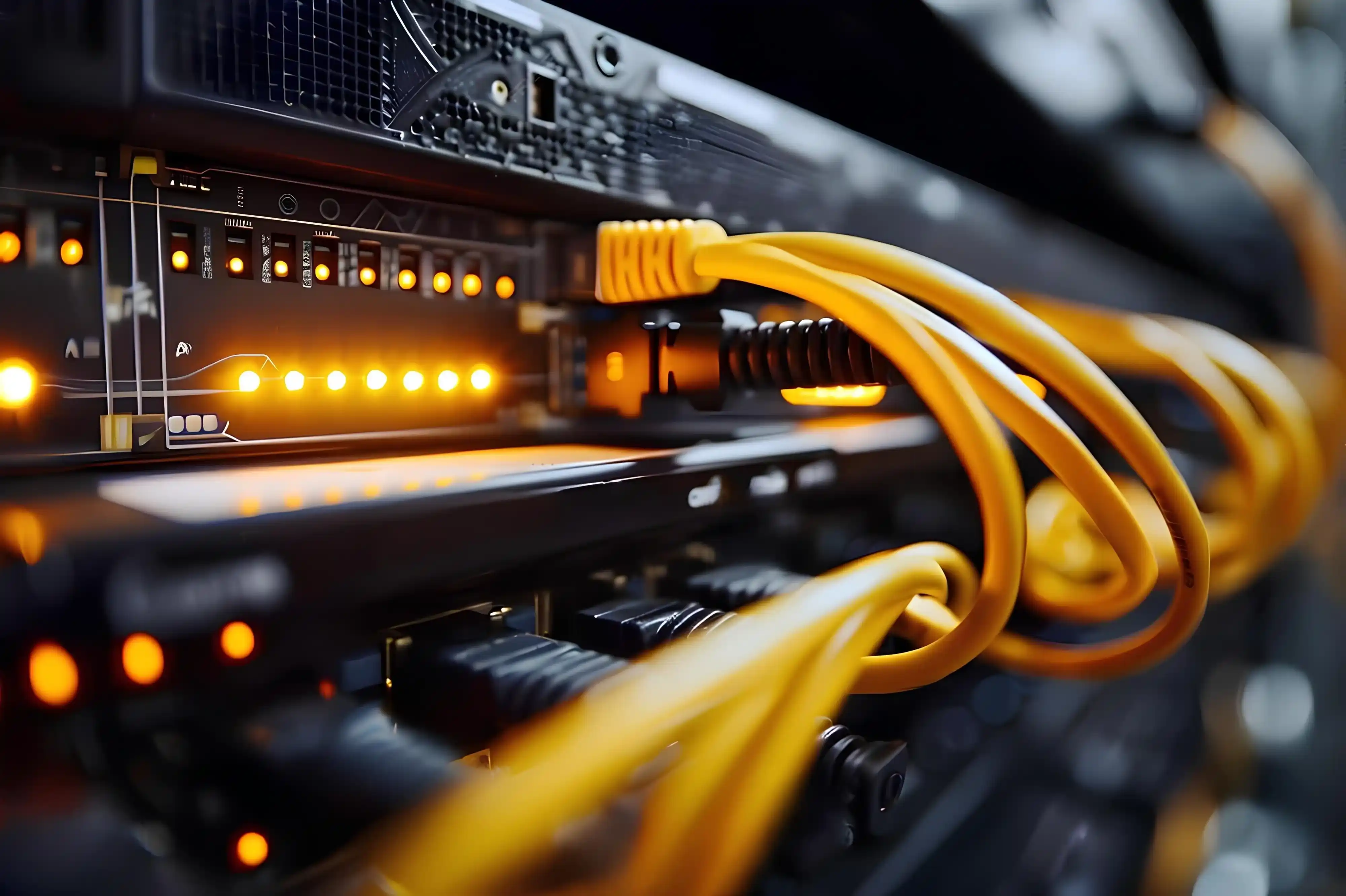 Network switch with bright yellow cables and glowing indicator lights.