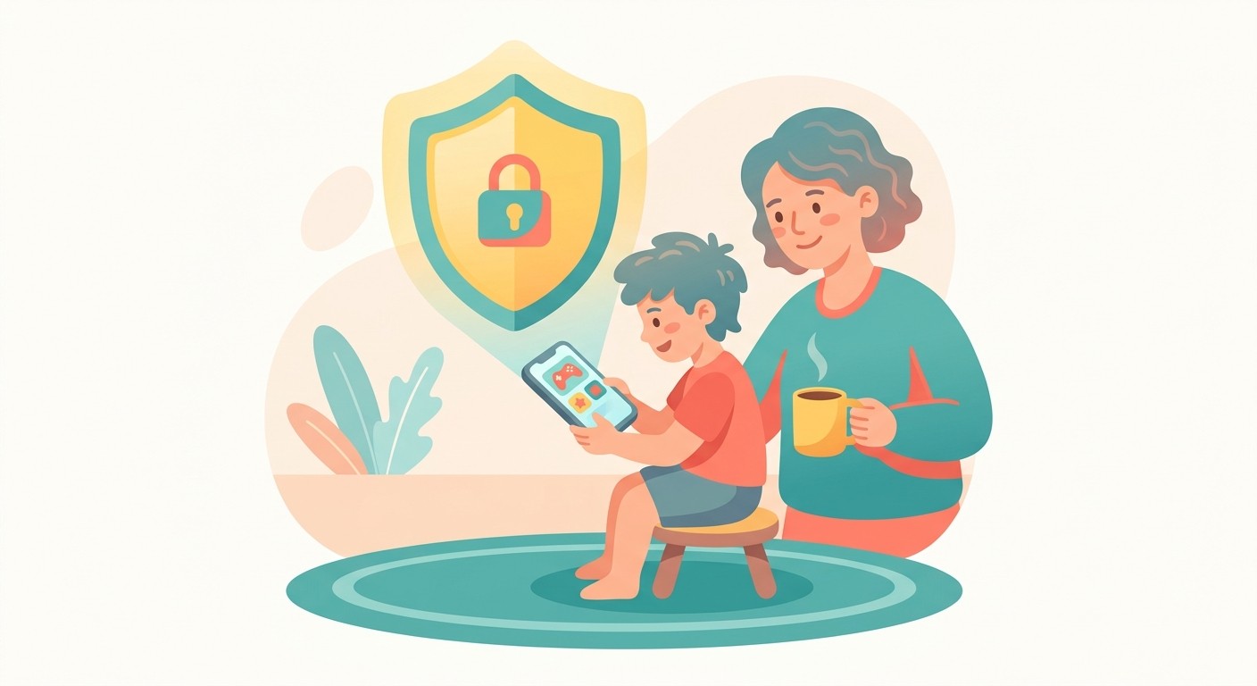 Illustration of a shield protecting a child using a phone, representing online safety and COPPA for kids apps