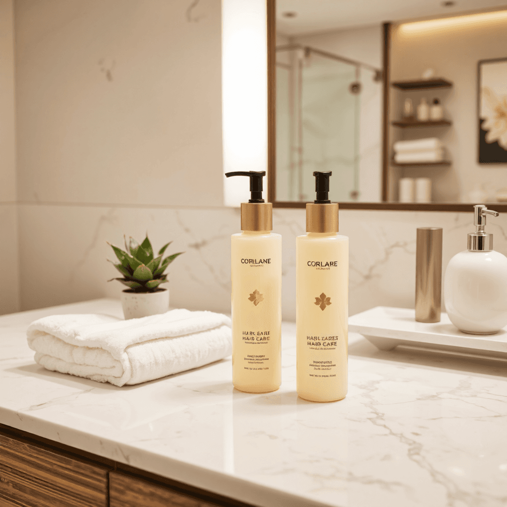 product photography of hair care products in bottles