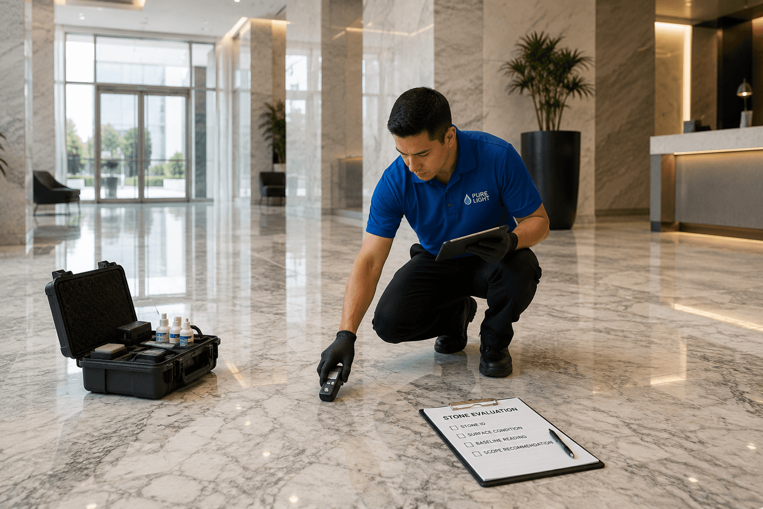 Technician inspecting a commercial marble floor before restoration.