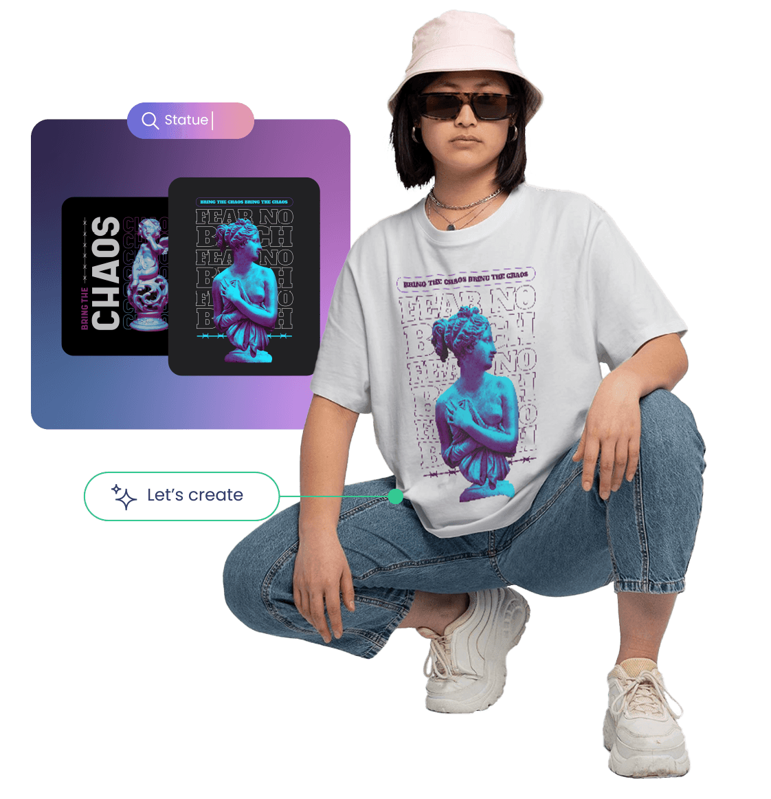 A person in casual wear posing in front of a digital 'CHAOS' art exhibit.