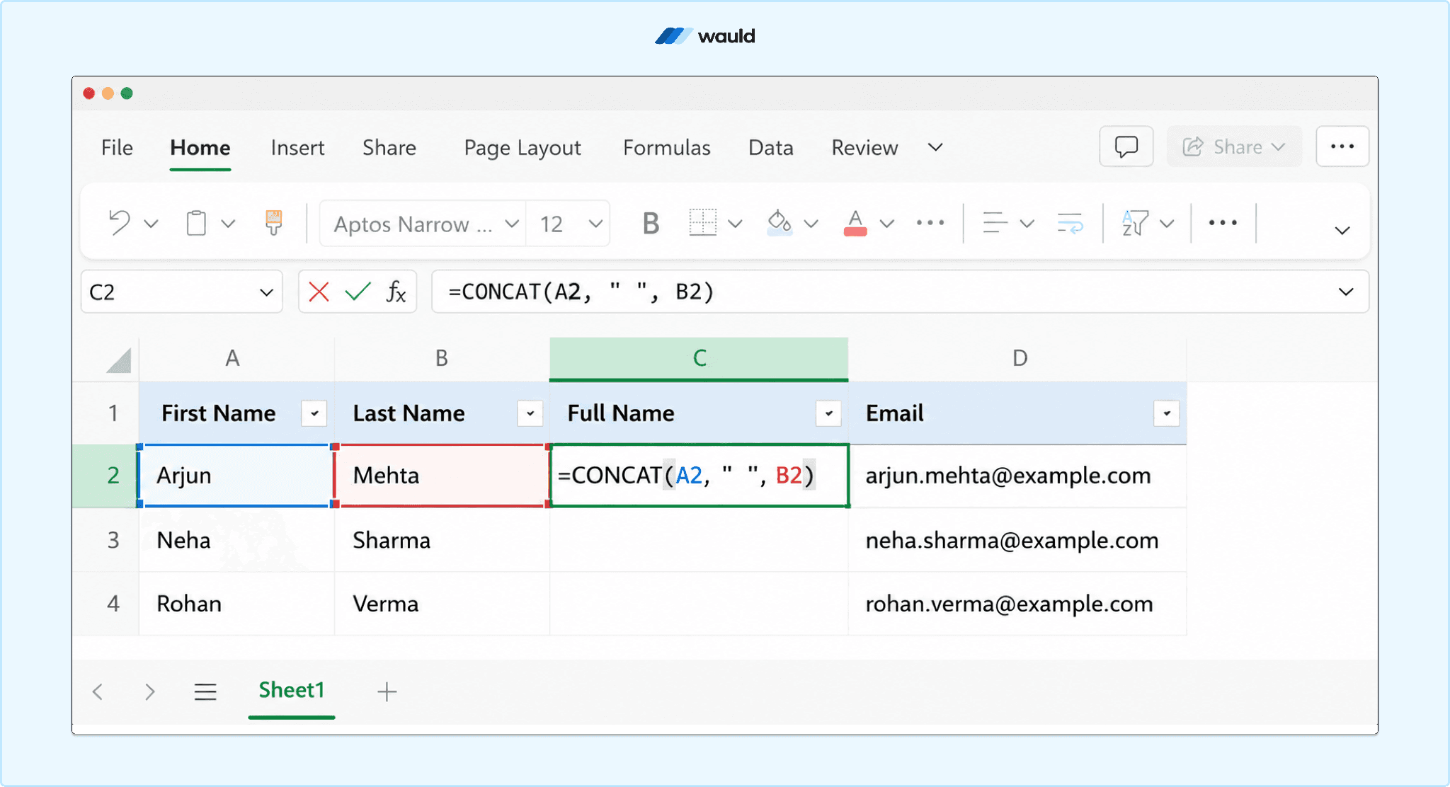 Screenshot of an Excel worksheet demonstrating the CONCAT function to combine first and last names into a Full Name column. The formula =CONCAT(A2," ",B2) is entered in the selected cell, with sample data for Arjun Mehta, Neha Sharma, and Rohan Verma. The Wauld logo appears at the top of the image.