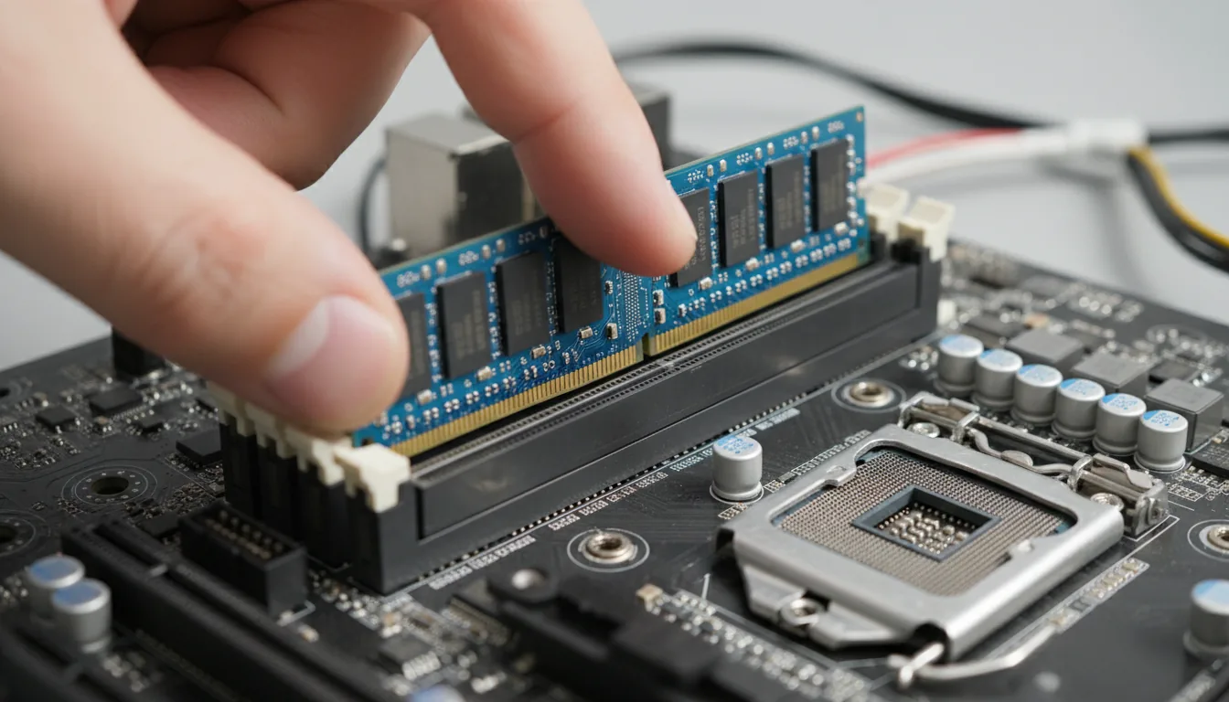 DSLR macro shot of a person's finger inserting a blue DDR RAM stick into a black computer motherboard. High-angle, diagonal perspective with a very shallow depth of field. Soft, even studio lighting highlights the intricate details of the blue printed circuit board, metallic capacitors, and faint white circuit traces. The focus is sharp on the center of the RAM stick, while the foreground and background are softly blurred with a smooth bokeh effect.