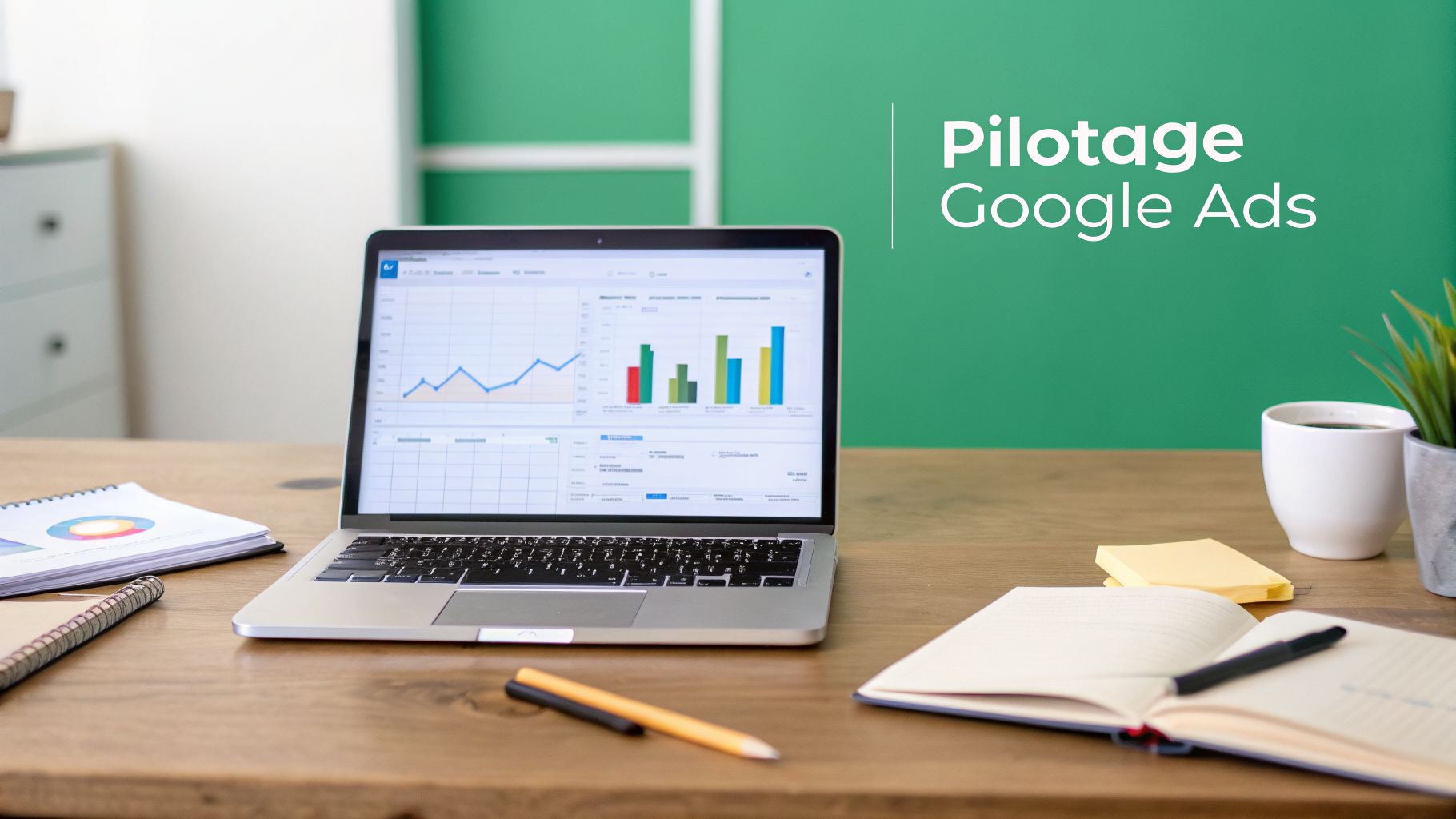 Un ordinateur portable affiche des graphiques de performance Google Ads sur un bureau en bois, avec des cahiers, stylos et une tasse de café, sur fond vert.