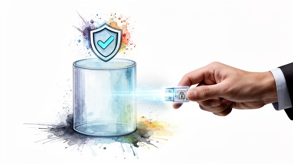 A hand holds a glowing digital key connecting to a data cylinder with a security shield.