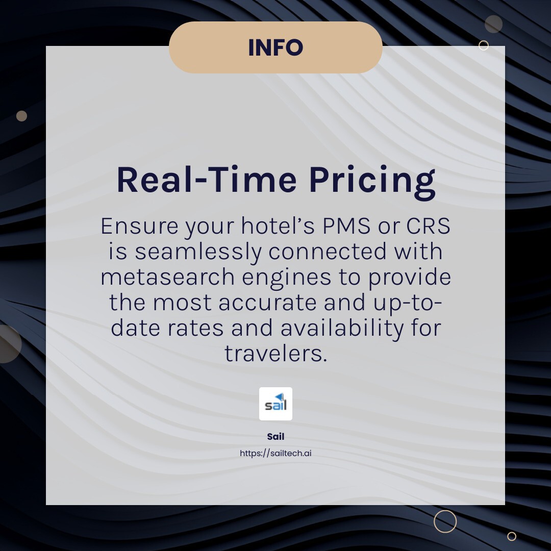 Real-time pricing and availability are essential for maintaining accuracy and trust. - what is metasearch for hotels infographic simple-info-card-dark