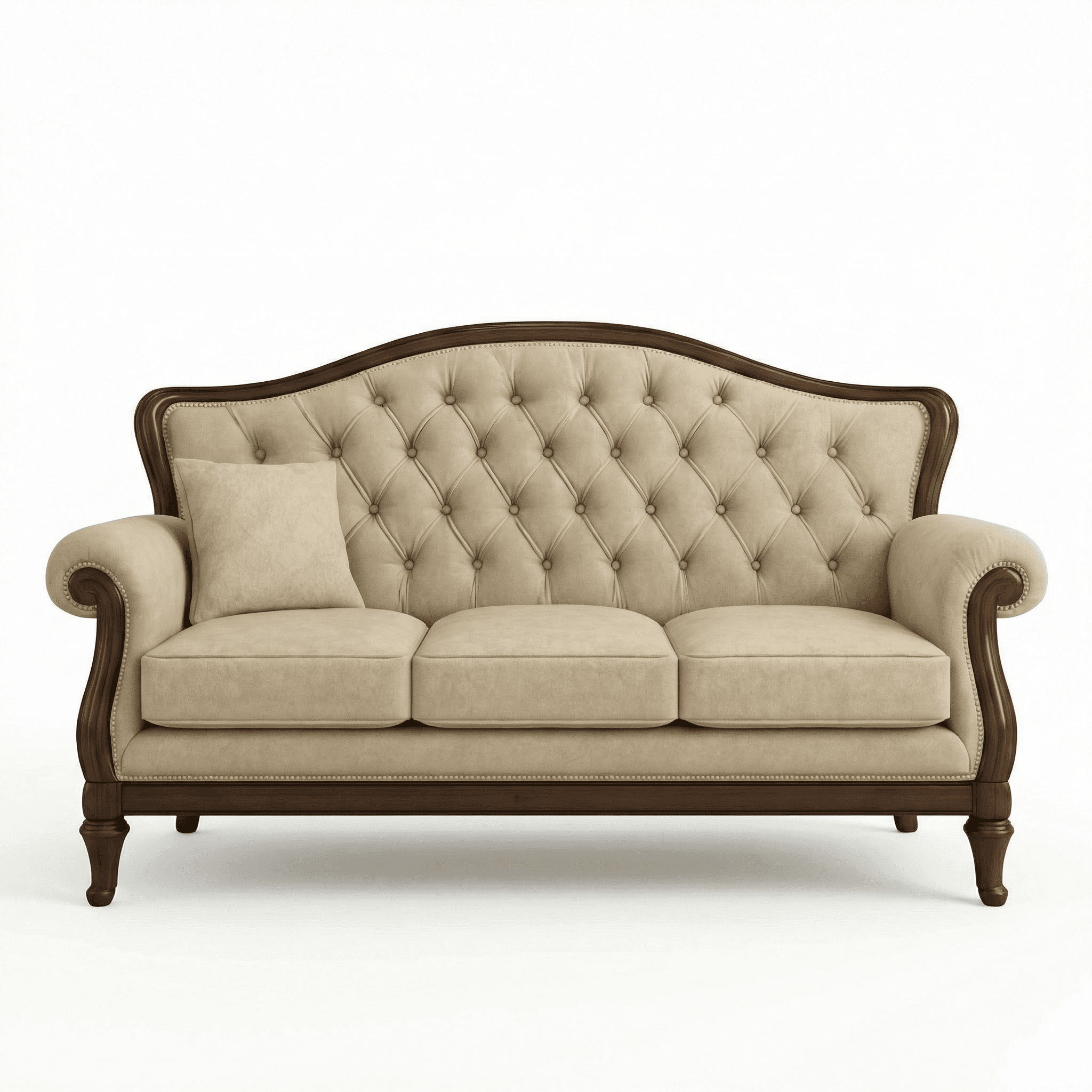 Three‑seater classic upholstered sofa with button‑tufted back, rolled arms, and wooden frame