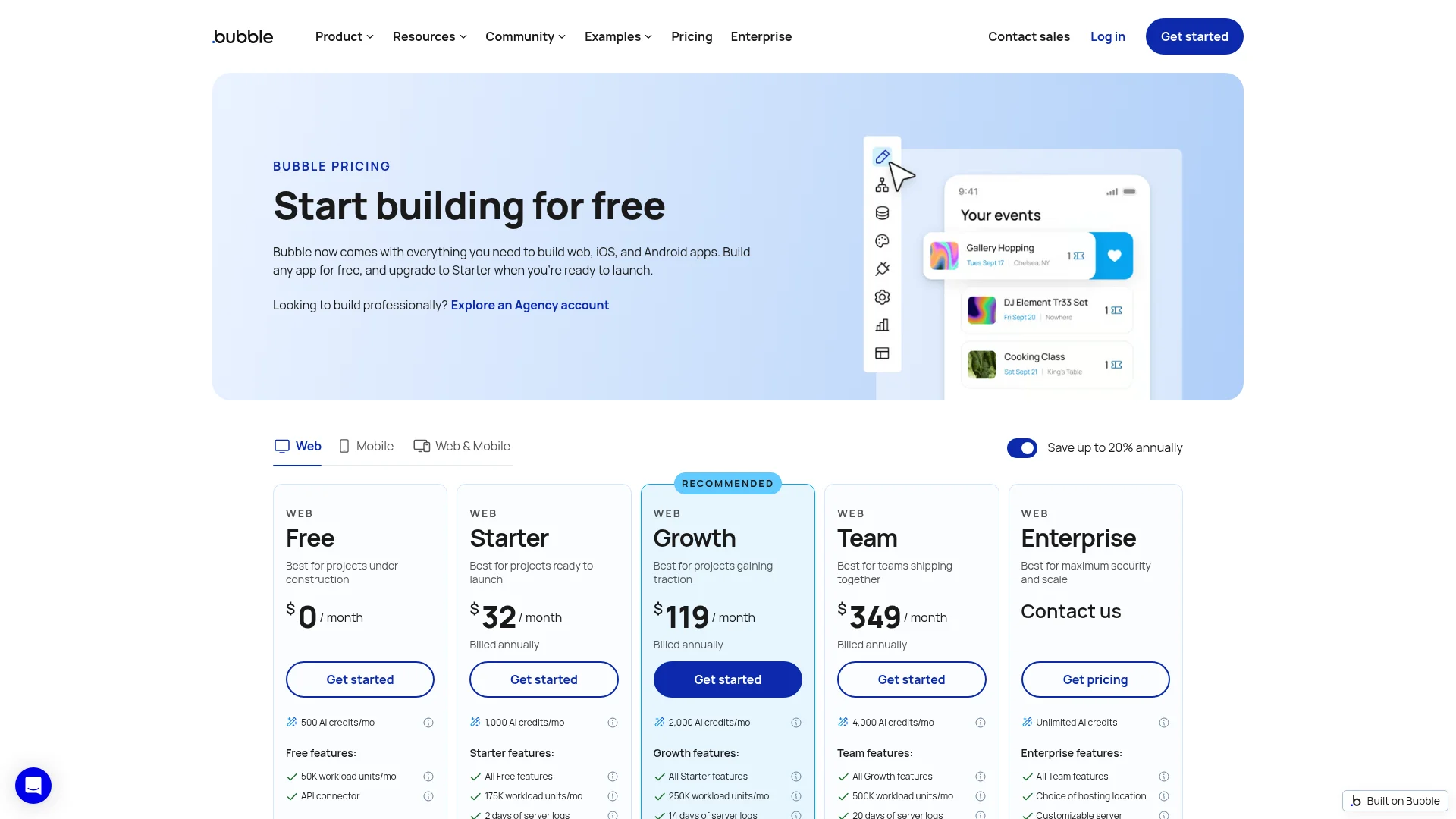 Bubble pricing page in October 2026: web Starter at $32 a month billed yearly, Growth $119 and Team $349, with AI credits and Workload Units for each plan
