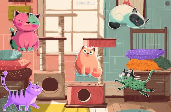 Landing screen for children's web game app, five cartoon cats in a room