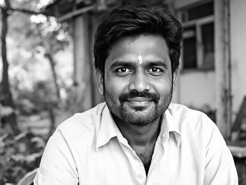A man with a beard and a white dot on his forehead smiles at the camera.
