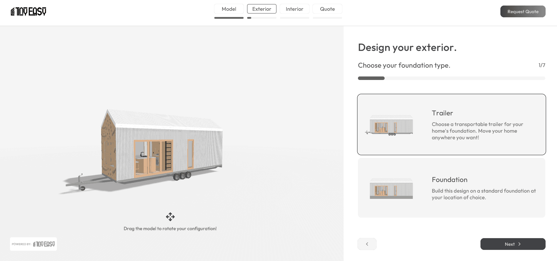 A 3D rendering of a tiny home on wheels with a white exterior and wooden accents. It's being visualized in a 3D configurator.