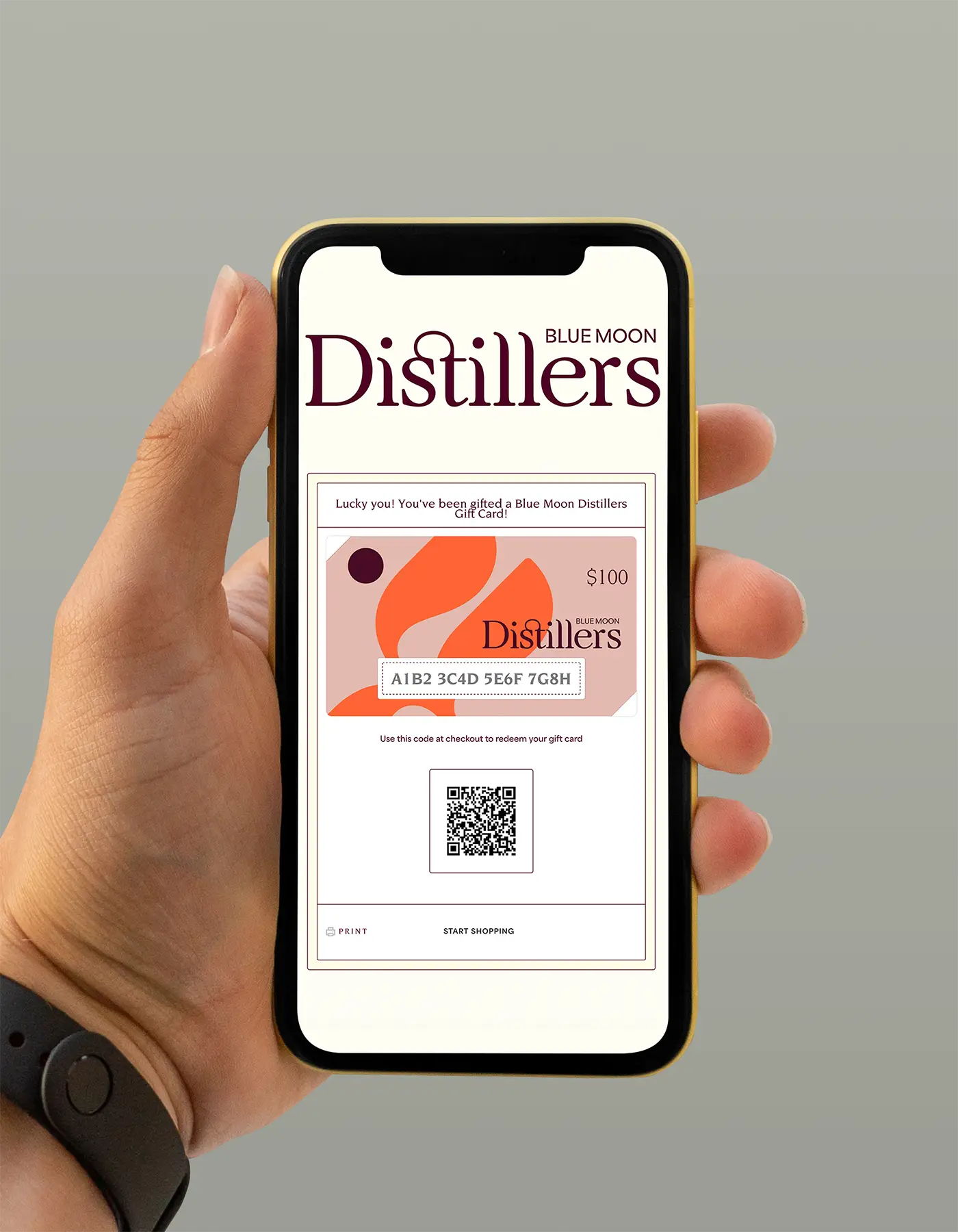 Blue Moon Distillers Shopify website gift voucher design in phone view displaying brand palette and typography.