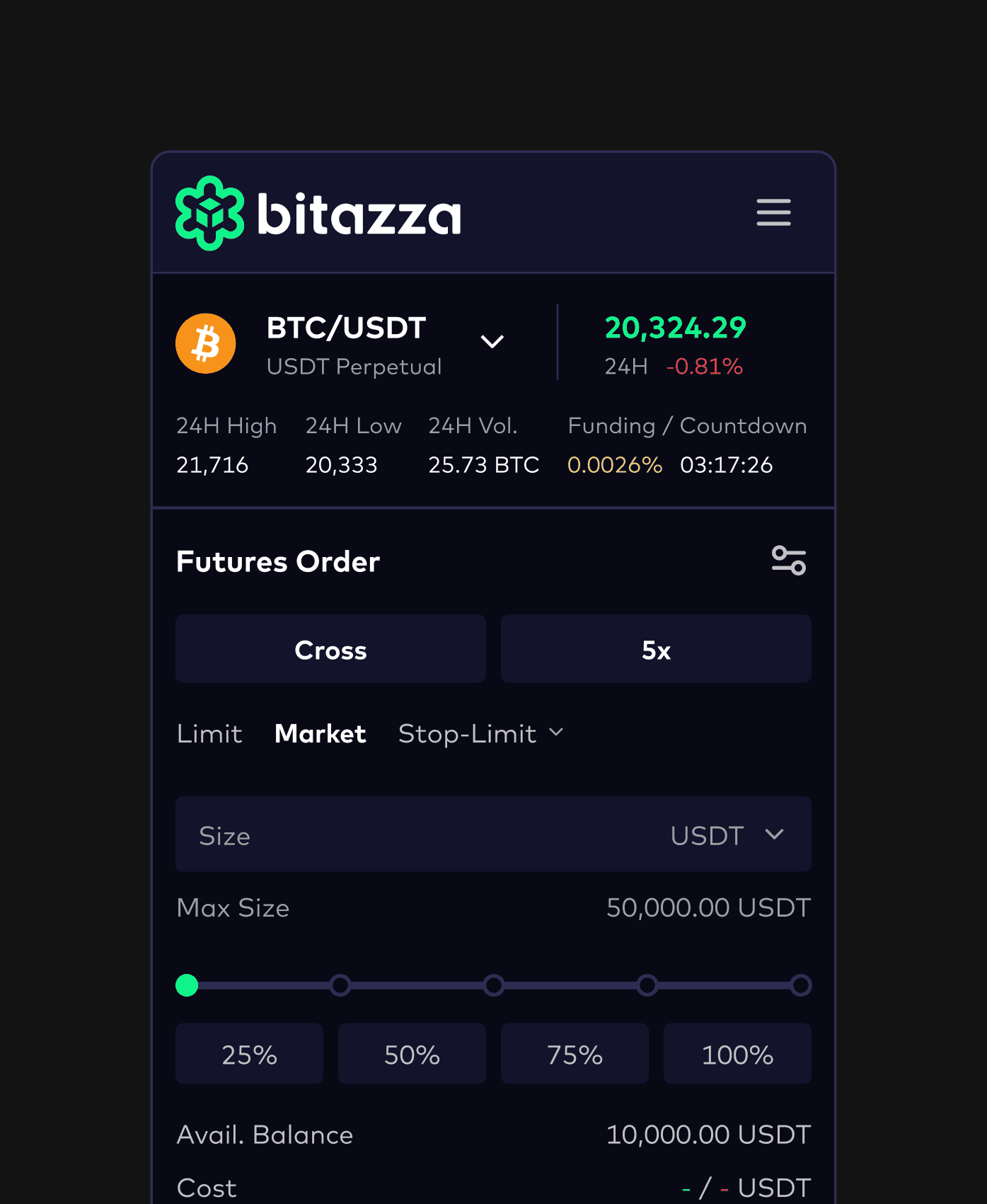 High-fidelity mobile UI design of a cryptocurrency futures order form for Bitazza. Displays a "Market" order type with a leverage slider, balance information, and a streamlined user flow for digital asset trading.