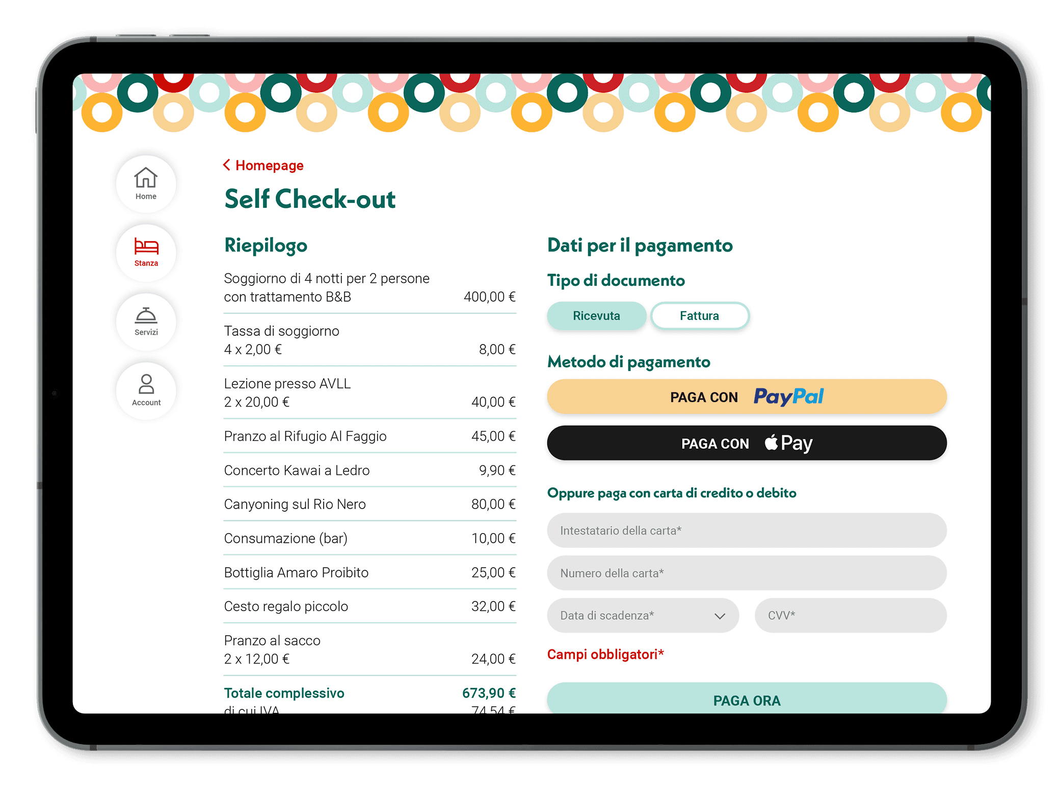 Schermata app su tablet, self check-out