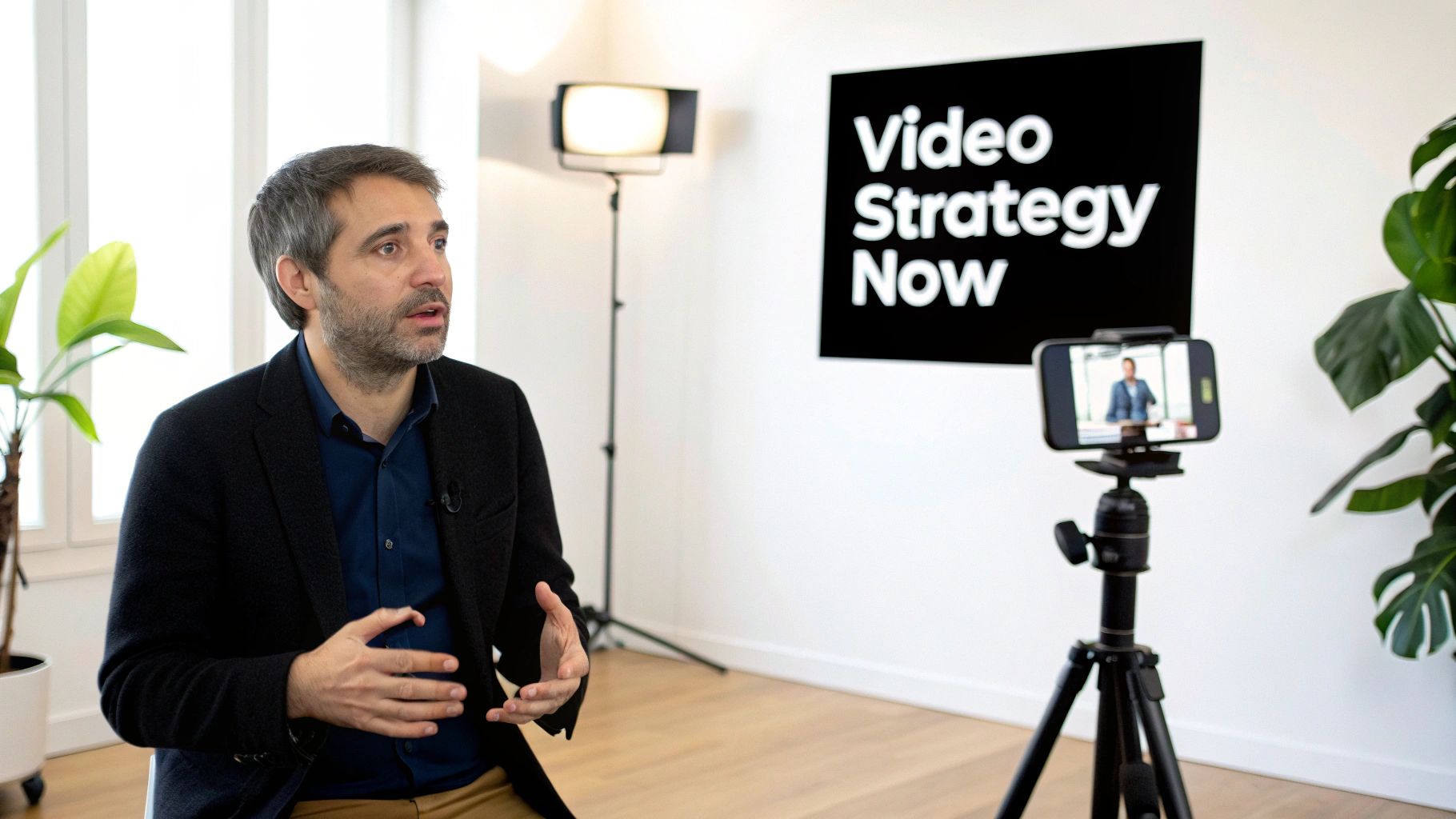A man speaks into a microphone, being recorded by a smartphone on a tripod for a video strategy presentation.