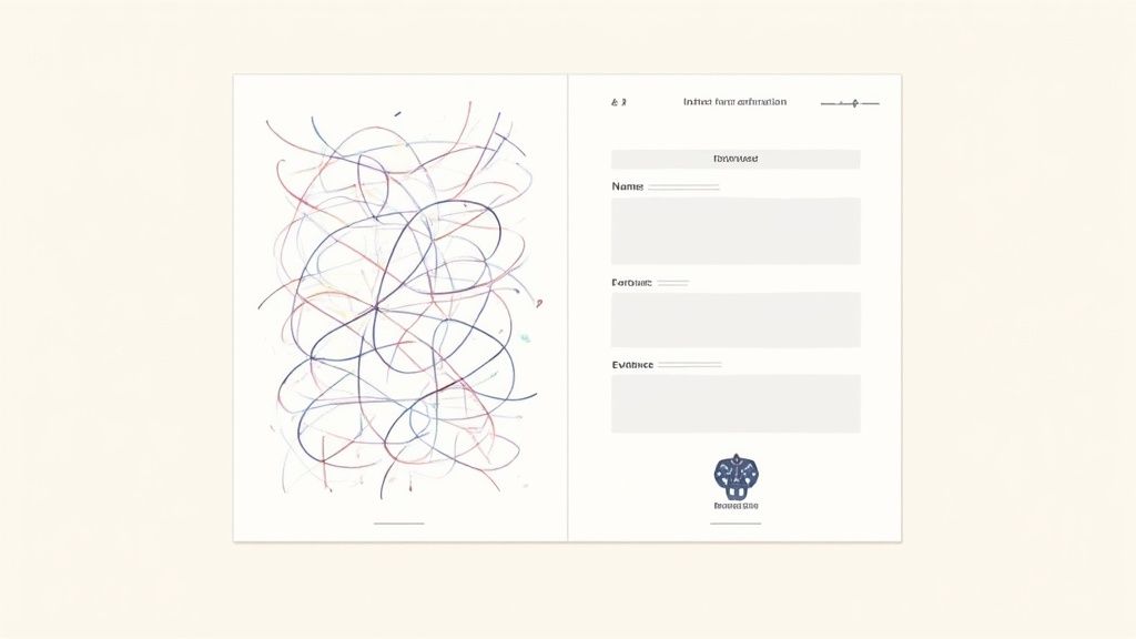 Interview notes template with tangled scribbles on left and organized form fields on right