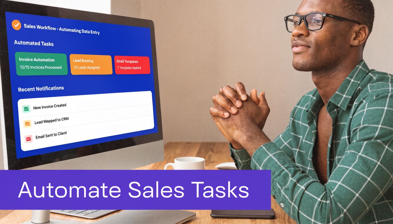 A professional man looking at a computer screen showing a sales workflow automation dashboard.