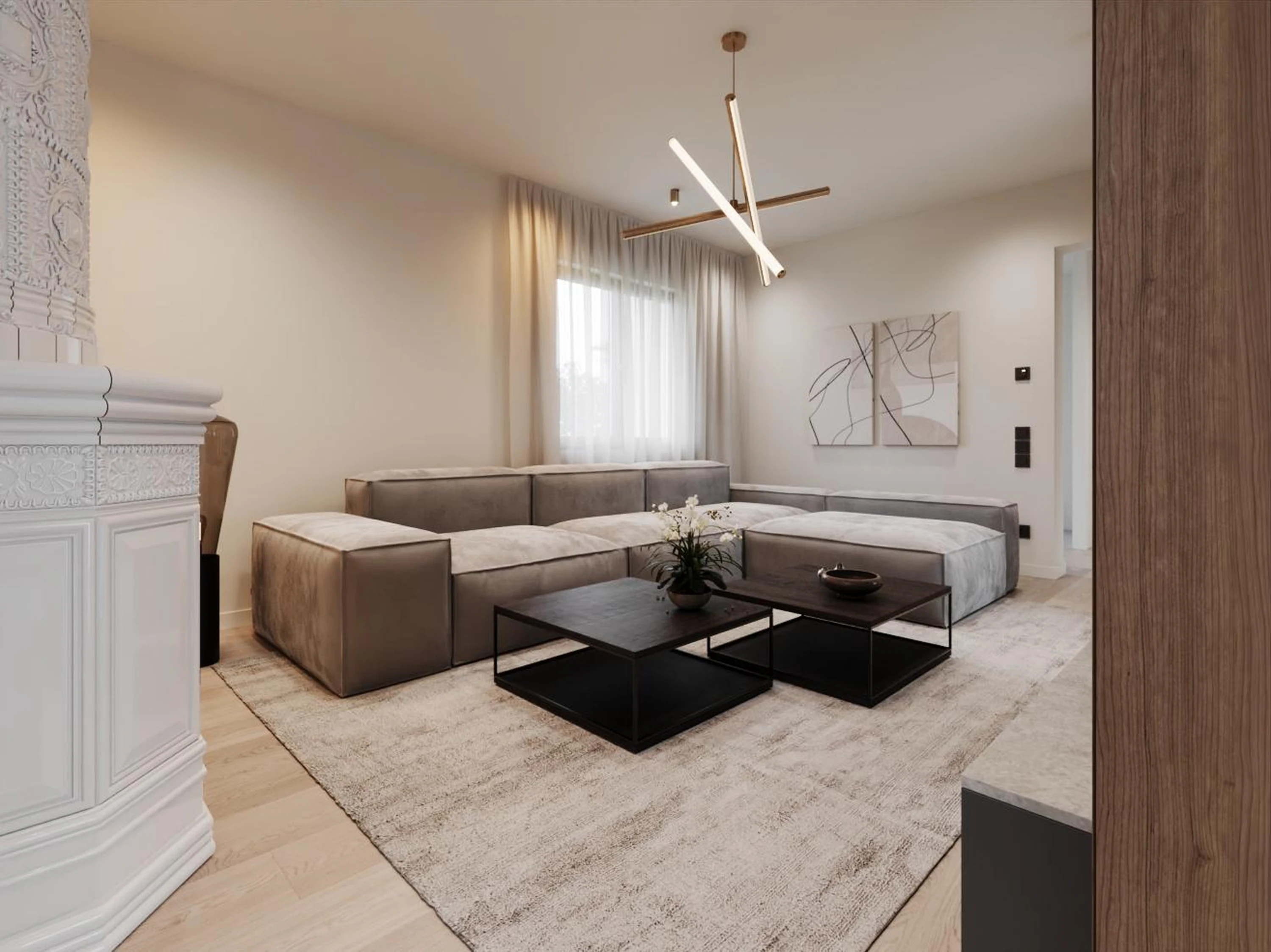 Détail — tablette en bois et verrerie.