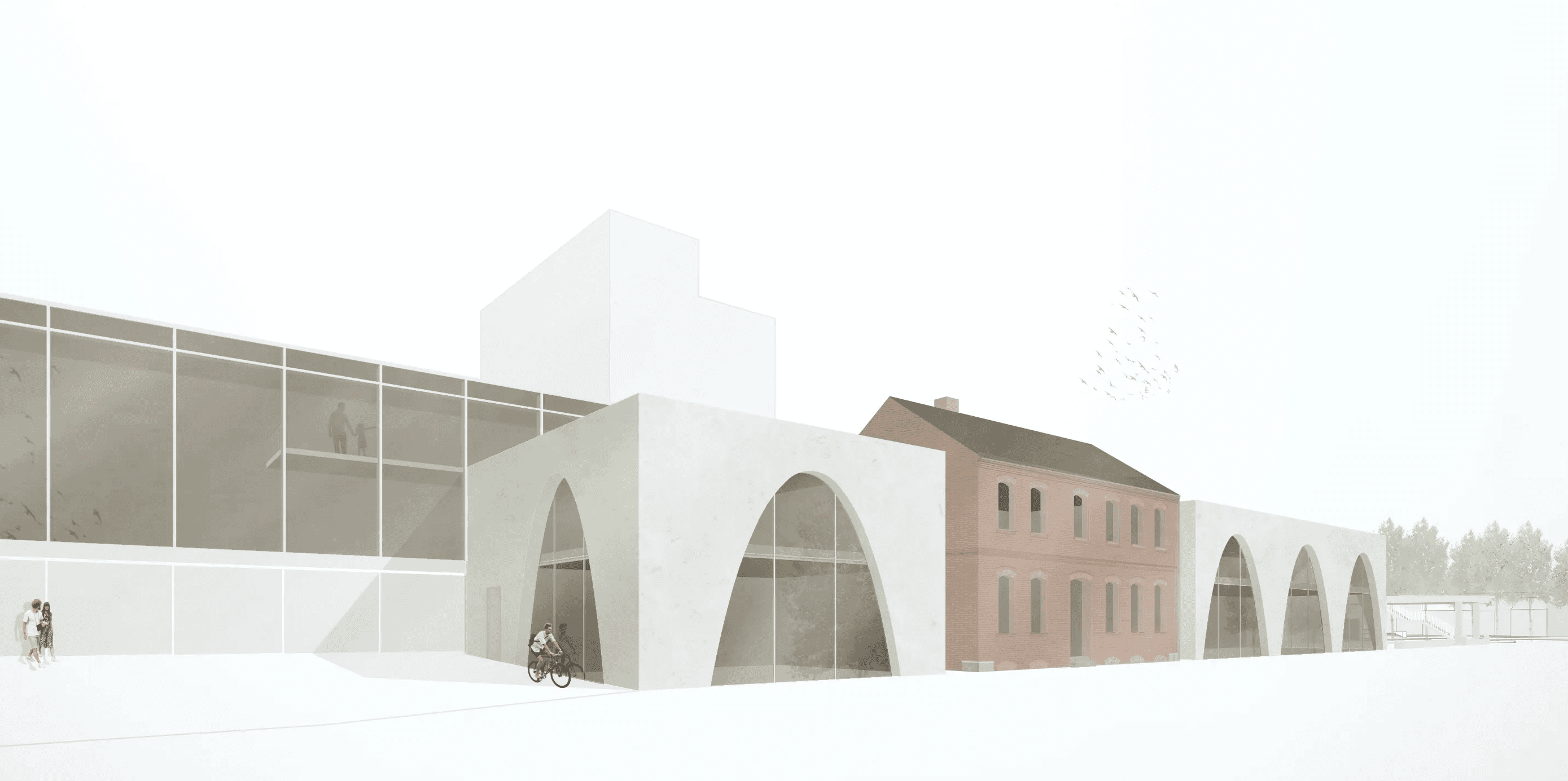 Nördliche Perspektive des Projekts Tankstelle Kyritz mit Riegelneubau und historischem Bestand