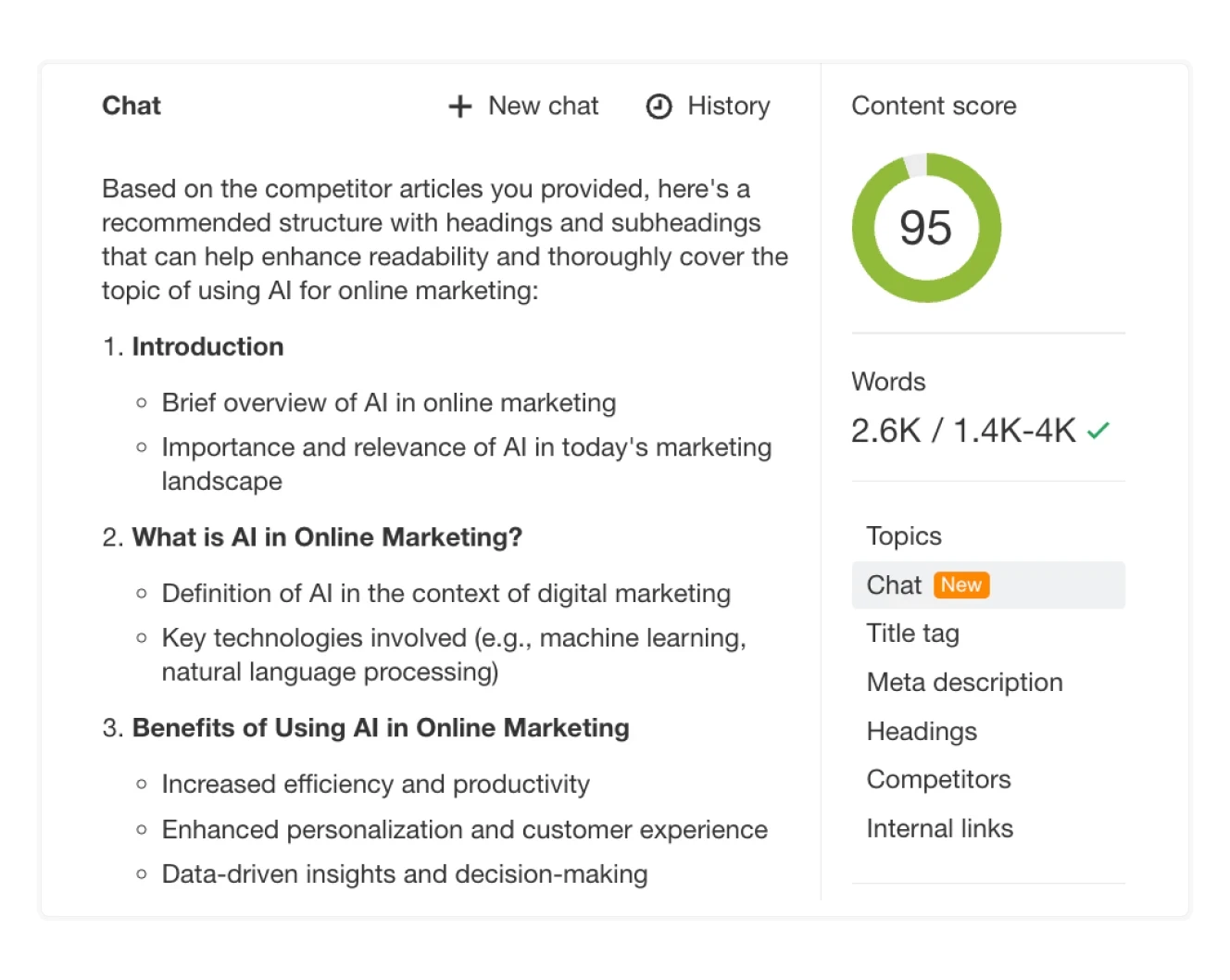 An SEO and content structuring tool displaying recommendations for writing about AI in online marketing