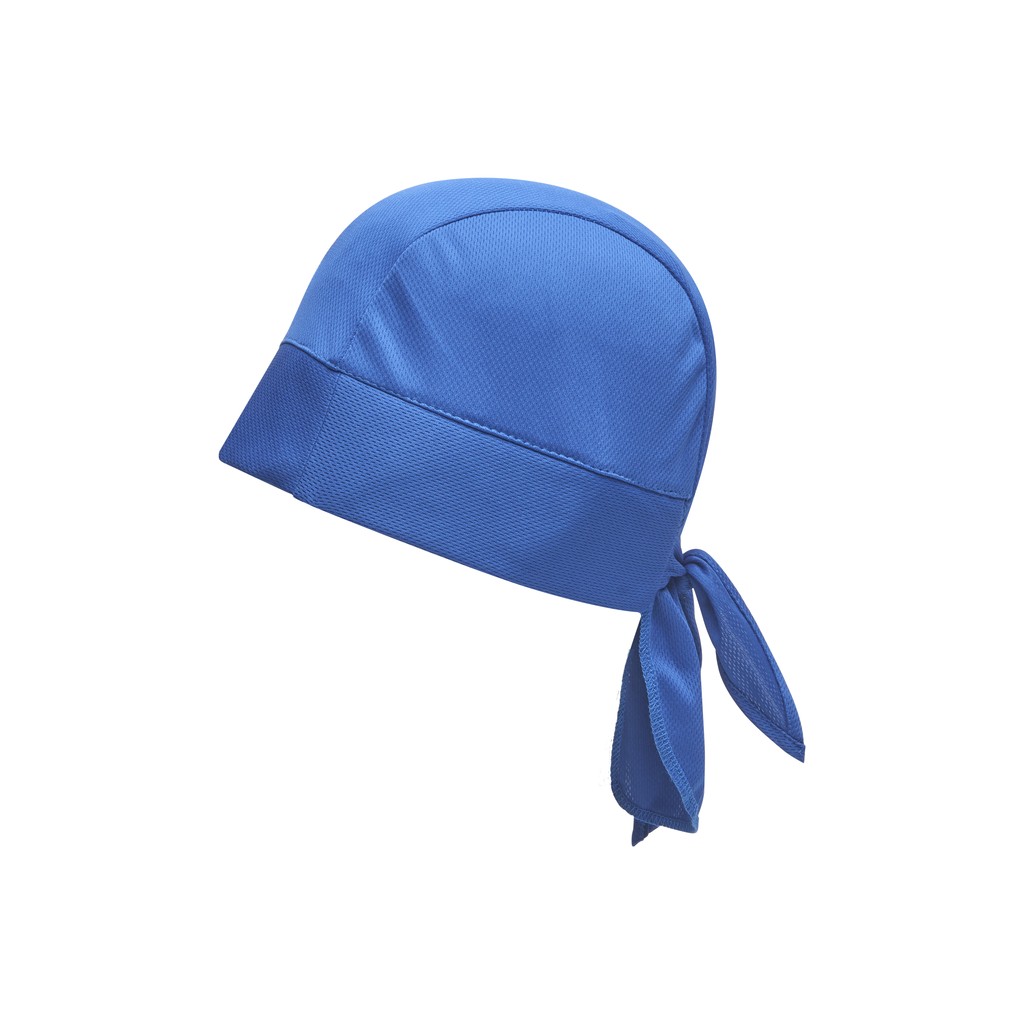 Blue G-Heat cooling cap, profile view with drawstring, black background