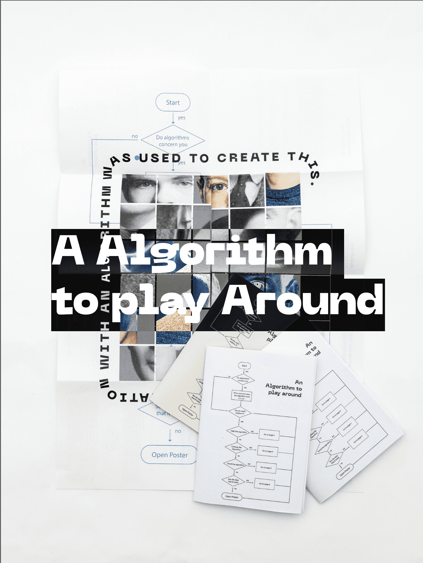 Folded posters and cards with flowchart diagrams about an algorithm to play around