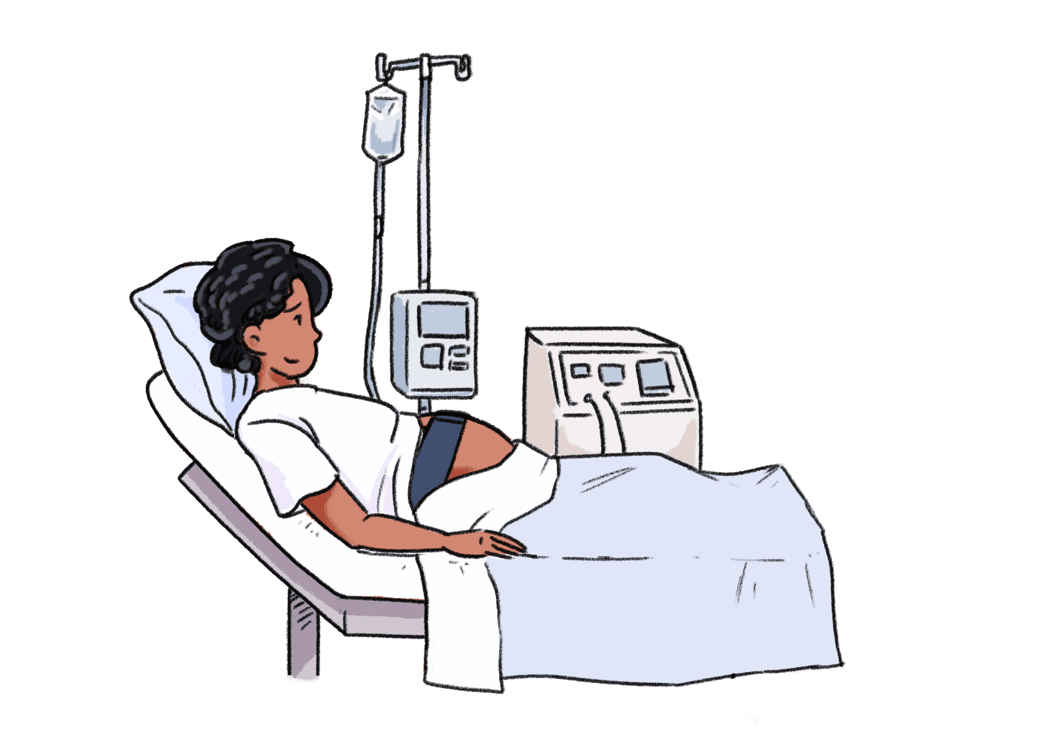 An illustration of a pregnant person lying on a hospital bed with a band around their belly. Behind them is a drip and a monitoring machine. Their legs are covered by a blanket.