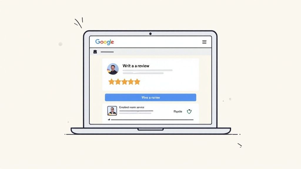 A person sitting at a desk with a laptop open to a Google Maps page, their hand on the trackpad ready to click and leave a review.
