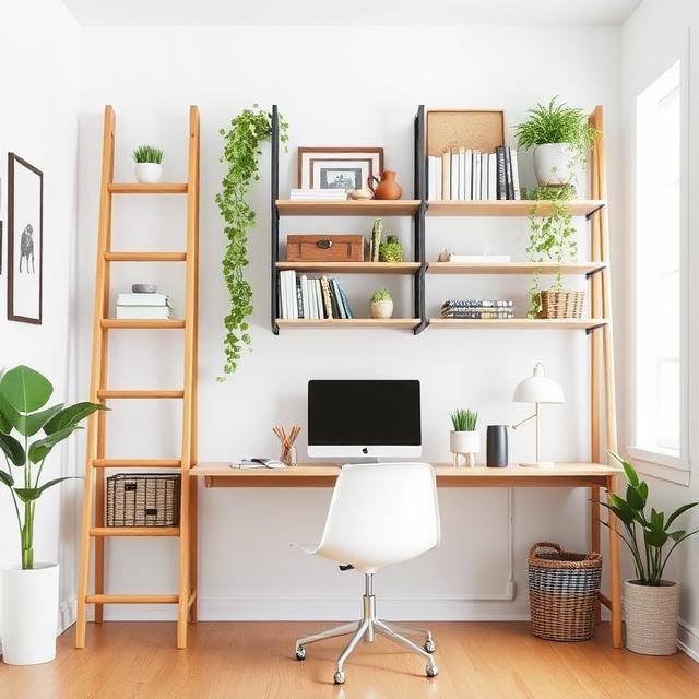A home office featuring a desk, a ladder, and several indoor plants for a fresh and inviting workspace.