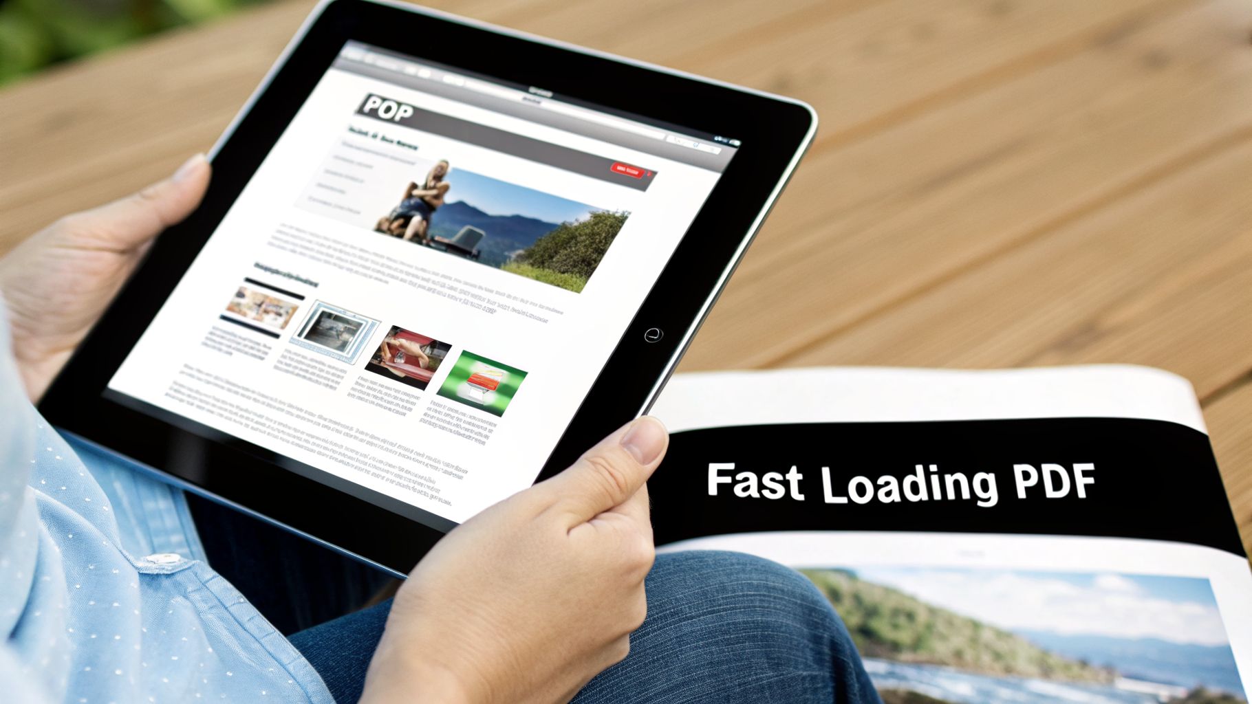 Hands hold a tablet showing a 'POP' webpage, with a document titled 'Fast Loading PDF' resting on a lap.