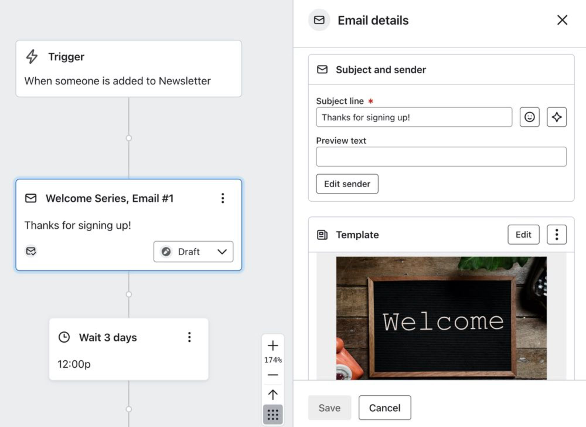 "Workflow editor in Klaviyo showing a trigger labeled 'When someone is added to Newsletter,' followed by a Welcome Series Email #1 card with the subject line 'Thanks for signing up!' and a preview of an email template with a 'Welcome' message. A delay of 3 days is shown after the first email