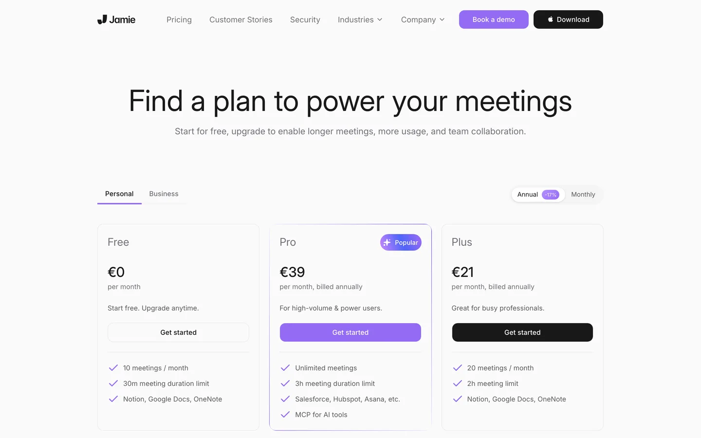 Jamie's pricing page showing its Free, Pro, and Plus tiers