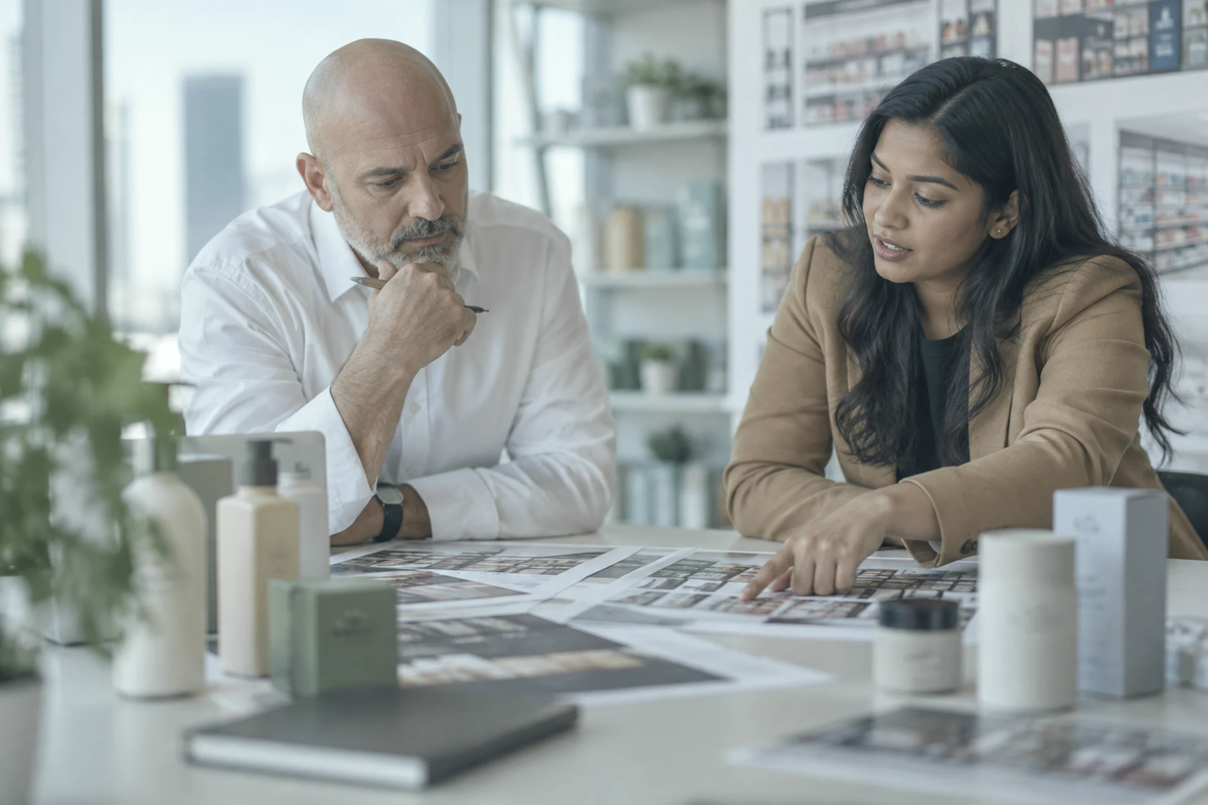 Two people planning a store range with product samples