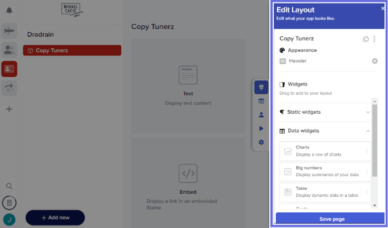 Stacker’s custom page builder highlighting the edit layout section with data widgets like charts, big numbers, tables, etc.