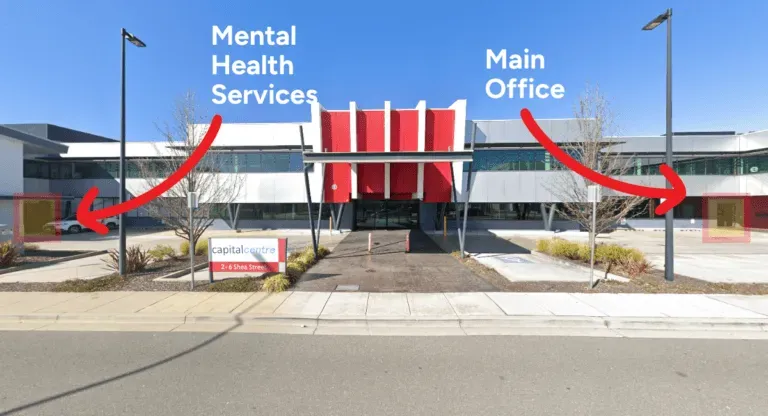 Image of Woden Community Service office, noting the Mental Health Services entrance