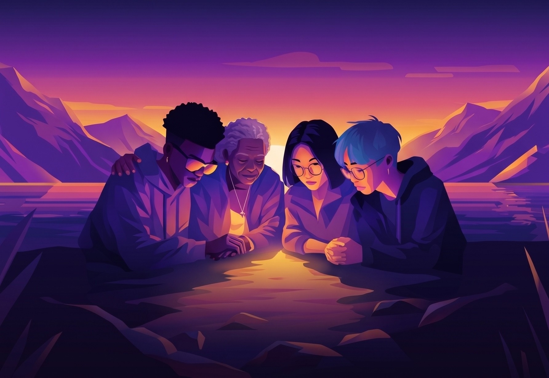 4 students looking at a glowing tablet, illustrative