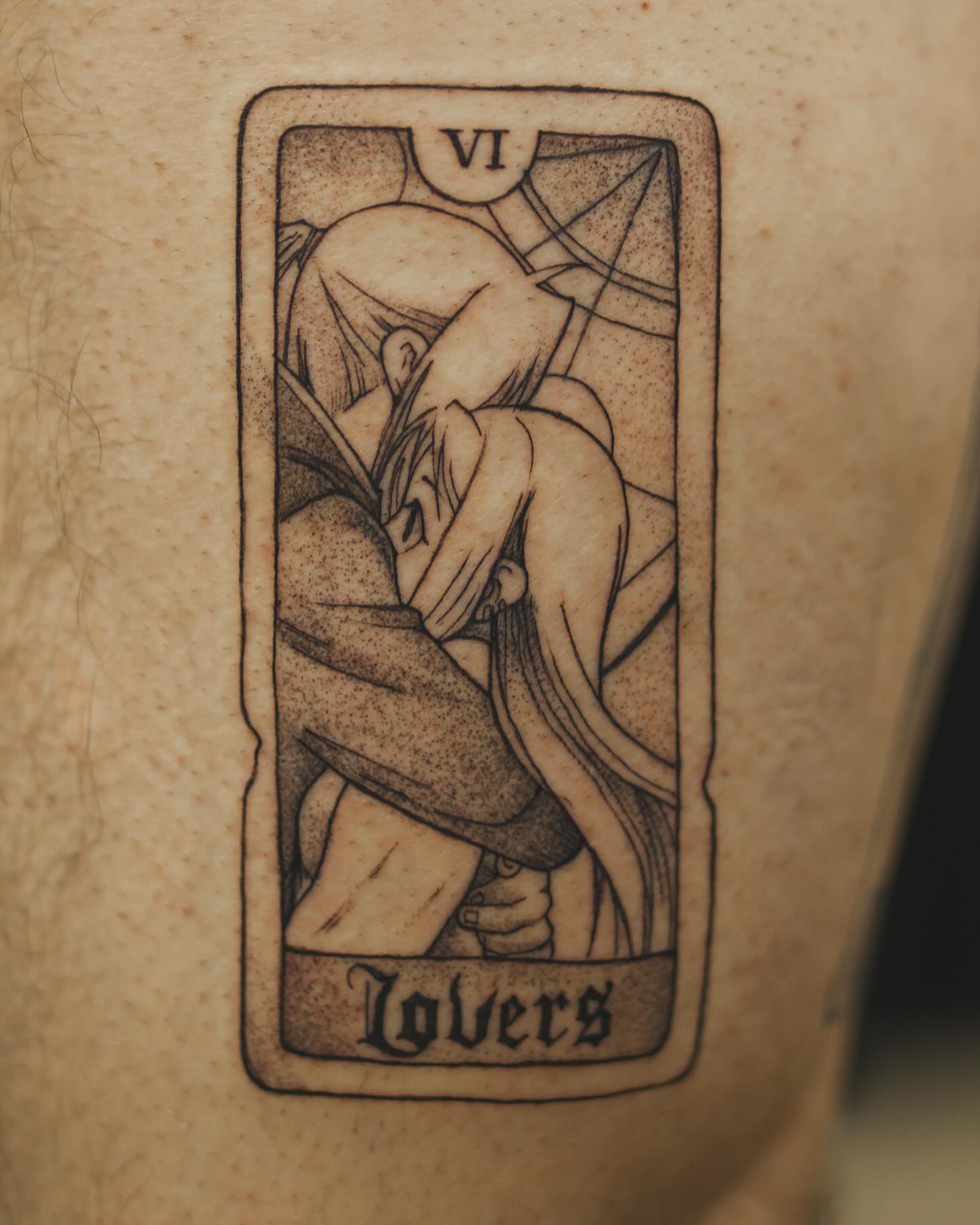 A grayscale anime-style tattoo of a character with spiky hair and a headband, holding a kunai.  The tattoo is on someone's forearm.