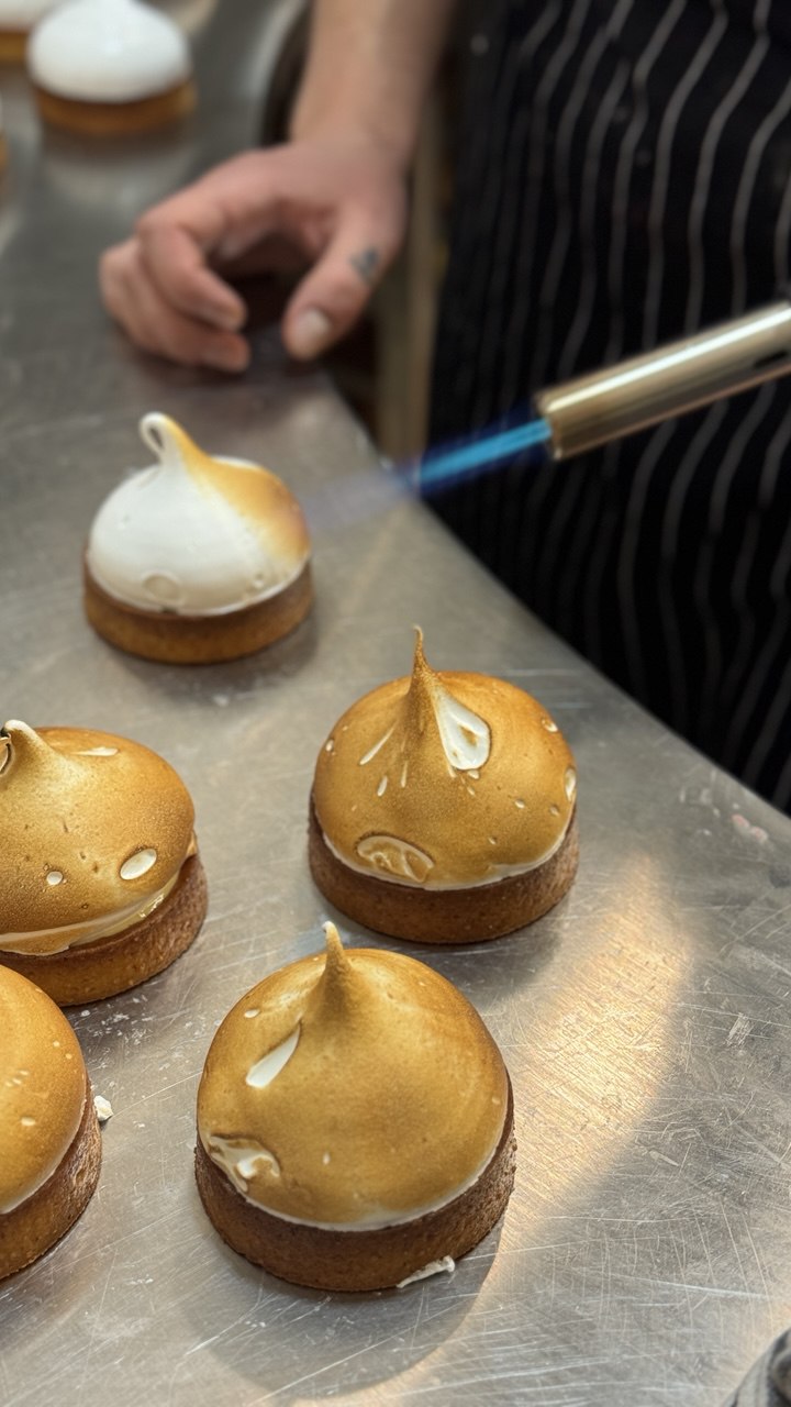A baker in a striped apron uses a culinary torch to toast the golden-brown meringue peaks on small round pastries arranged on a metal countertop.