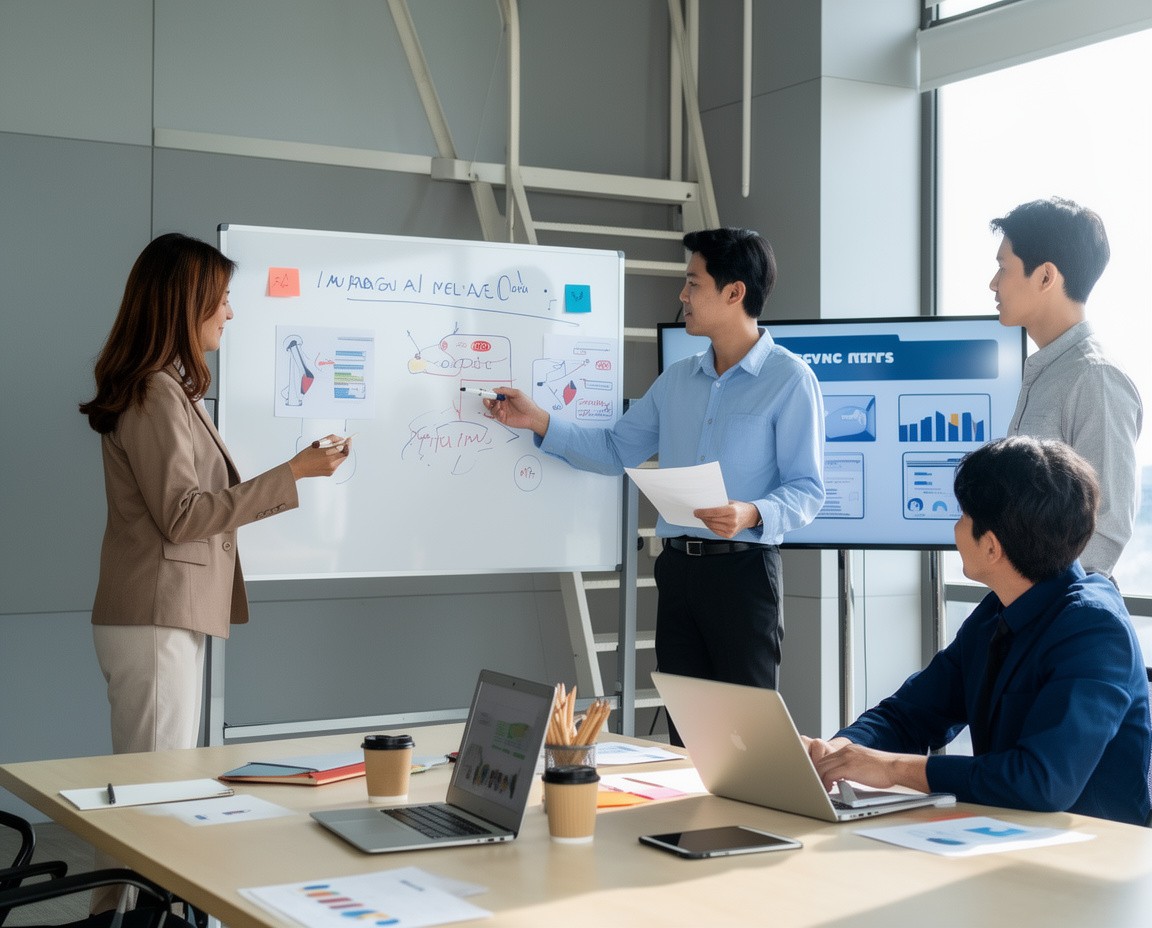Man working on a laptop at a desk with colourful abstract artwork hanging on the wall behind him.