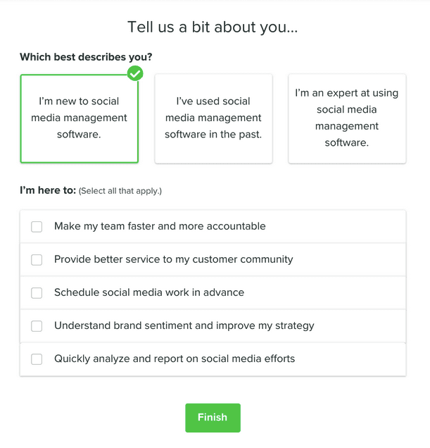 The image shows an example of personalization during the customer onboarding process provided by Sprout Social