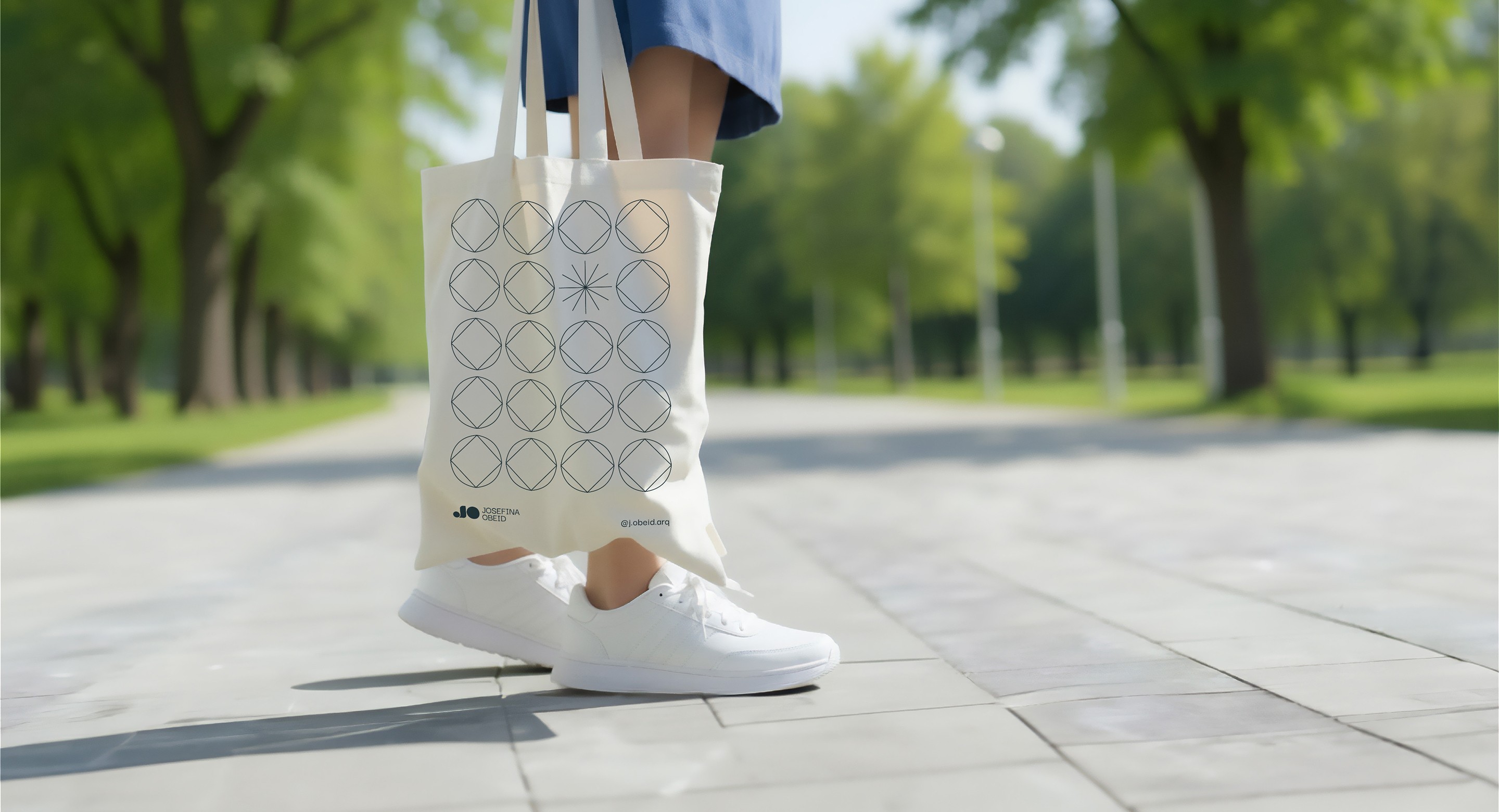 Tote bag with graphic pattern from Josefina Obeid visual identity