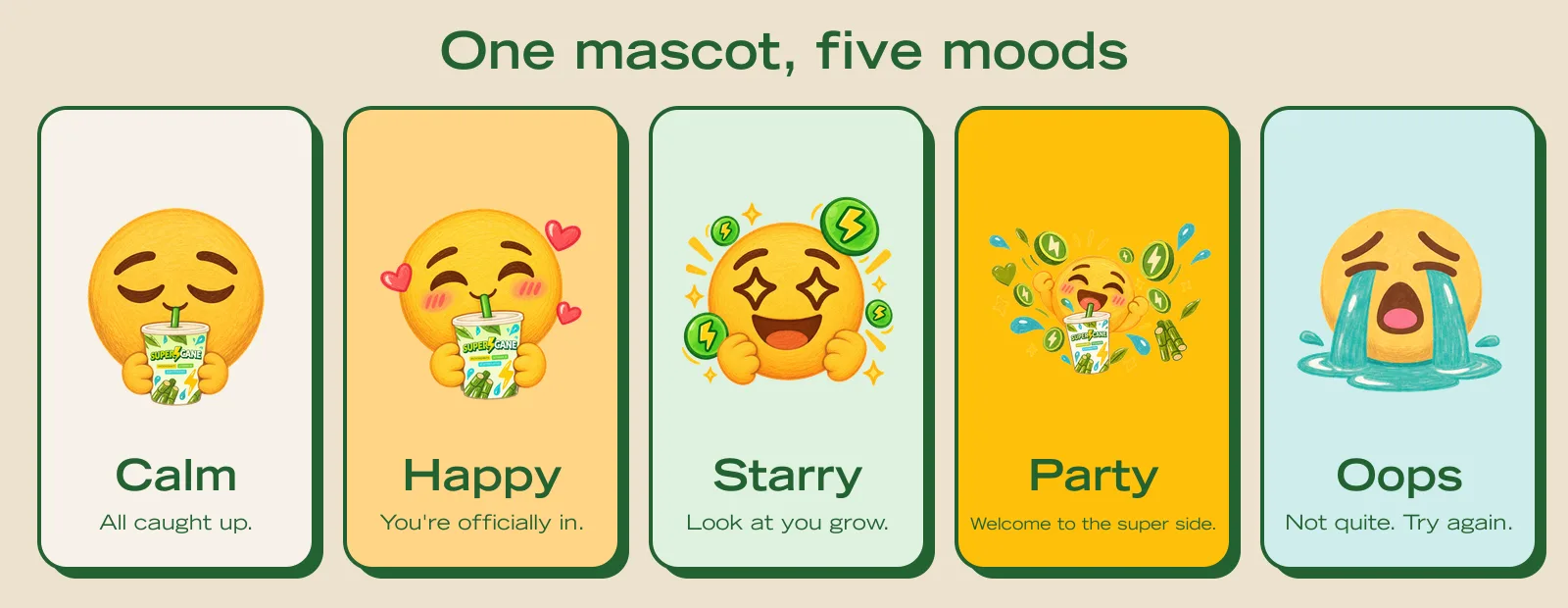 The SuperCane mascot in five moods: calm, happy, starry, party and oops