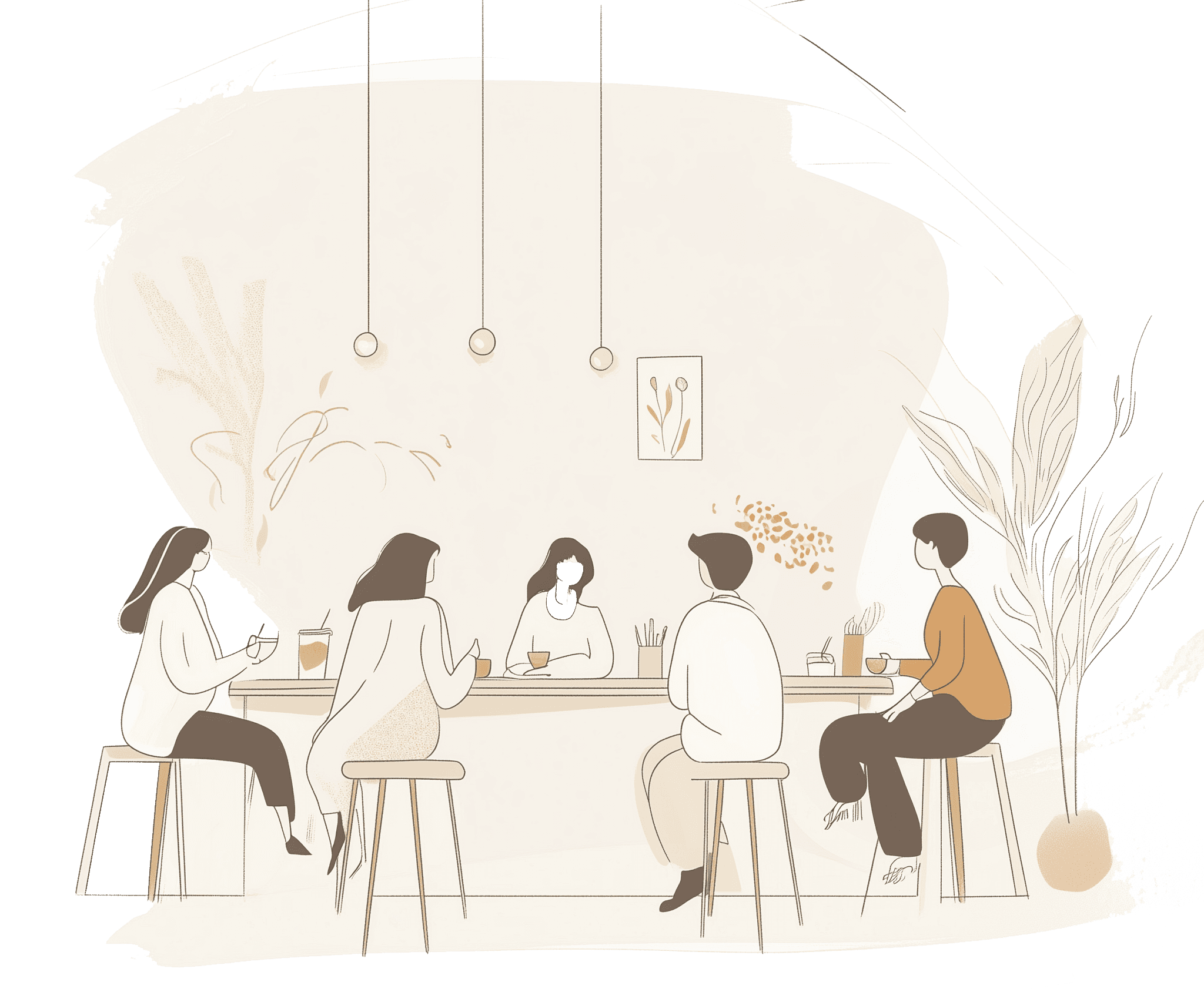 Illustration of a team meeting at a lone tree coffee shop