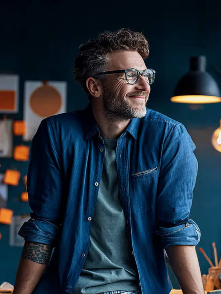 A happy man, small business owner, smiling with relief and joy, looking up with confidence, sitting at a modern desk with a laptop open. Cozy office environment with plants, sunlight coming through the window. Feeling blessed and successful thanks to automated e-commerce sales