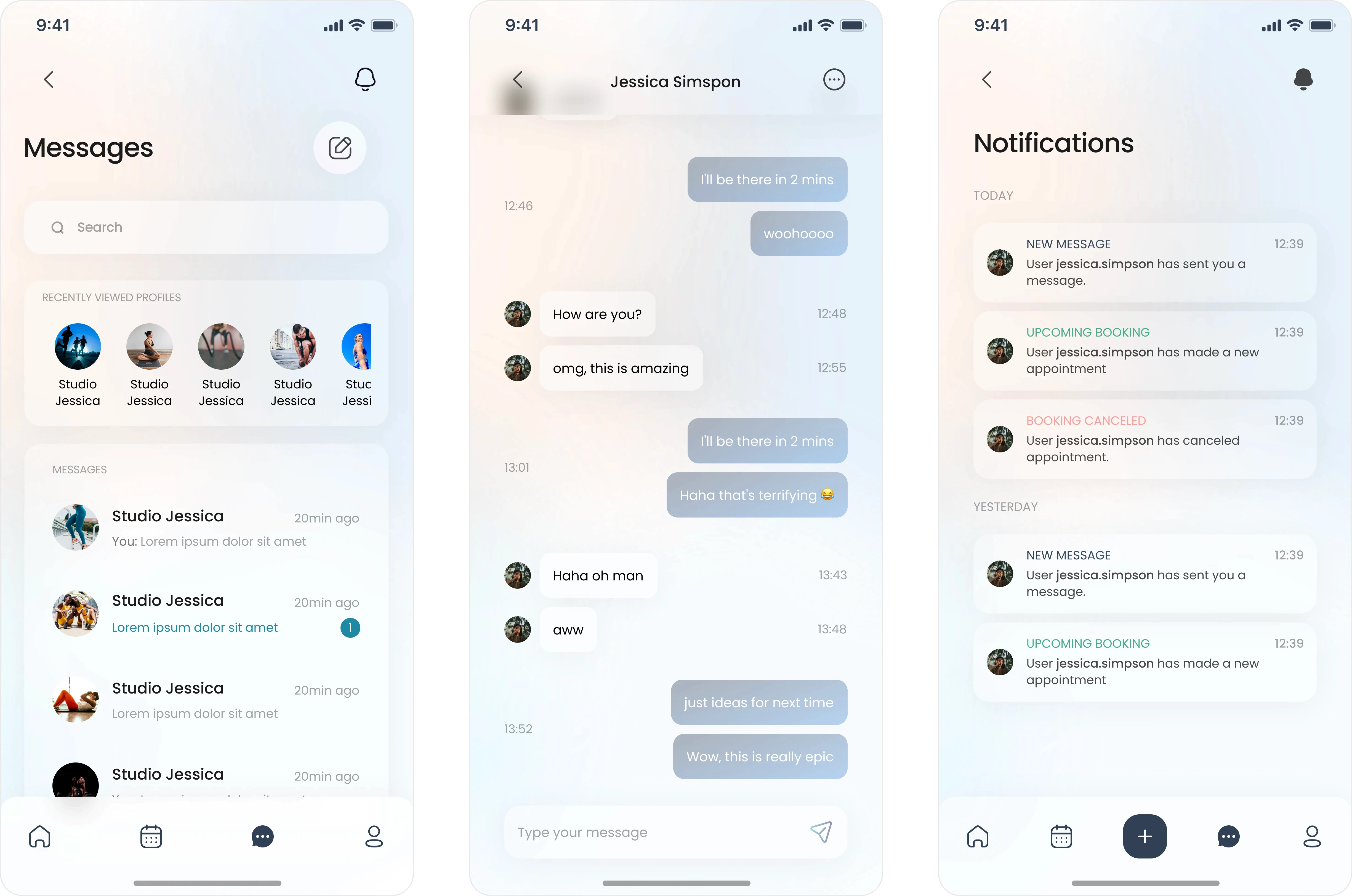 Set of redesigned Xwell mobile app screens showcasing the in-app messaging and notifications experience. The first screen displays the Messages hub with a search bar, recently viewed profiles and a list of ongoing conversations with beauty and wellness studios. The second screen shows a full chat view with timestamped messages between the user and a provider. The third screen presents the Notifications feed, highlighting new messages, upcoming bookings, appointment cancellations and confirmations. Soft gradients, clean layouts and intuitive navigation reflect Xwell’s seamless communication flow between users and local service providers.