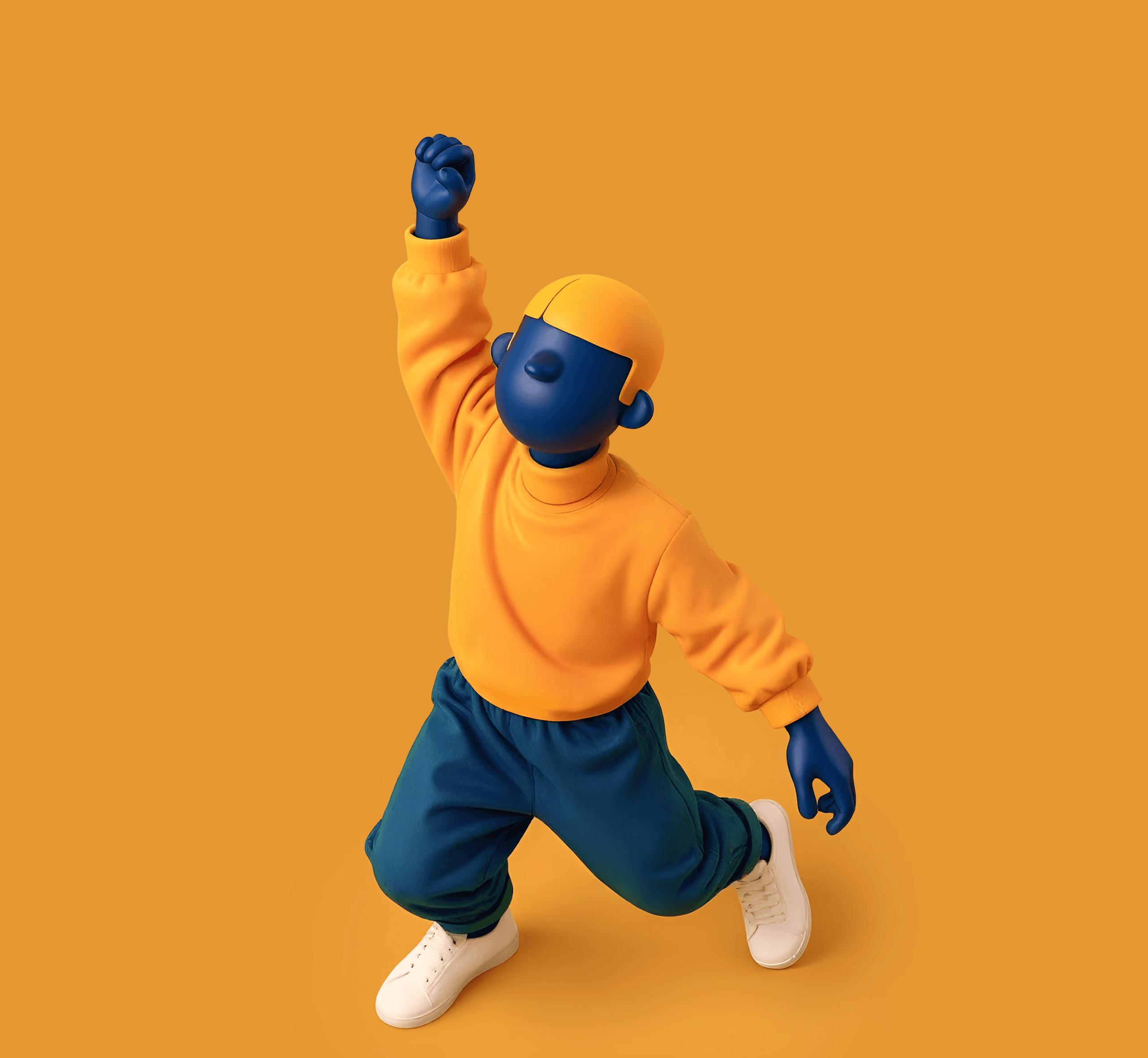 A 3D illustration of a stylized figure dancing. The figure is blue and orange, with one arm raised in the air.