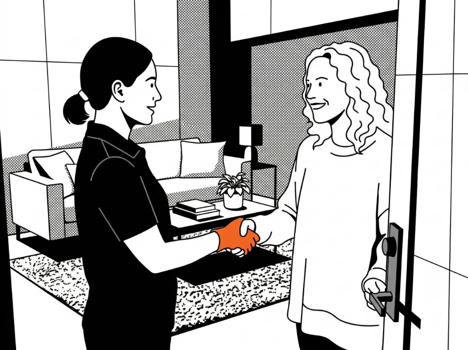 Illustration en noir et blanc d'une agente Widy's au gant orange serrant la main d'une cliente à l'entrée de son domicile