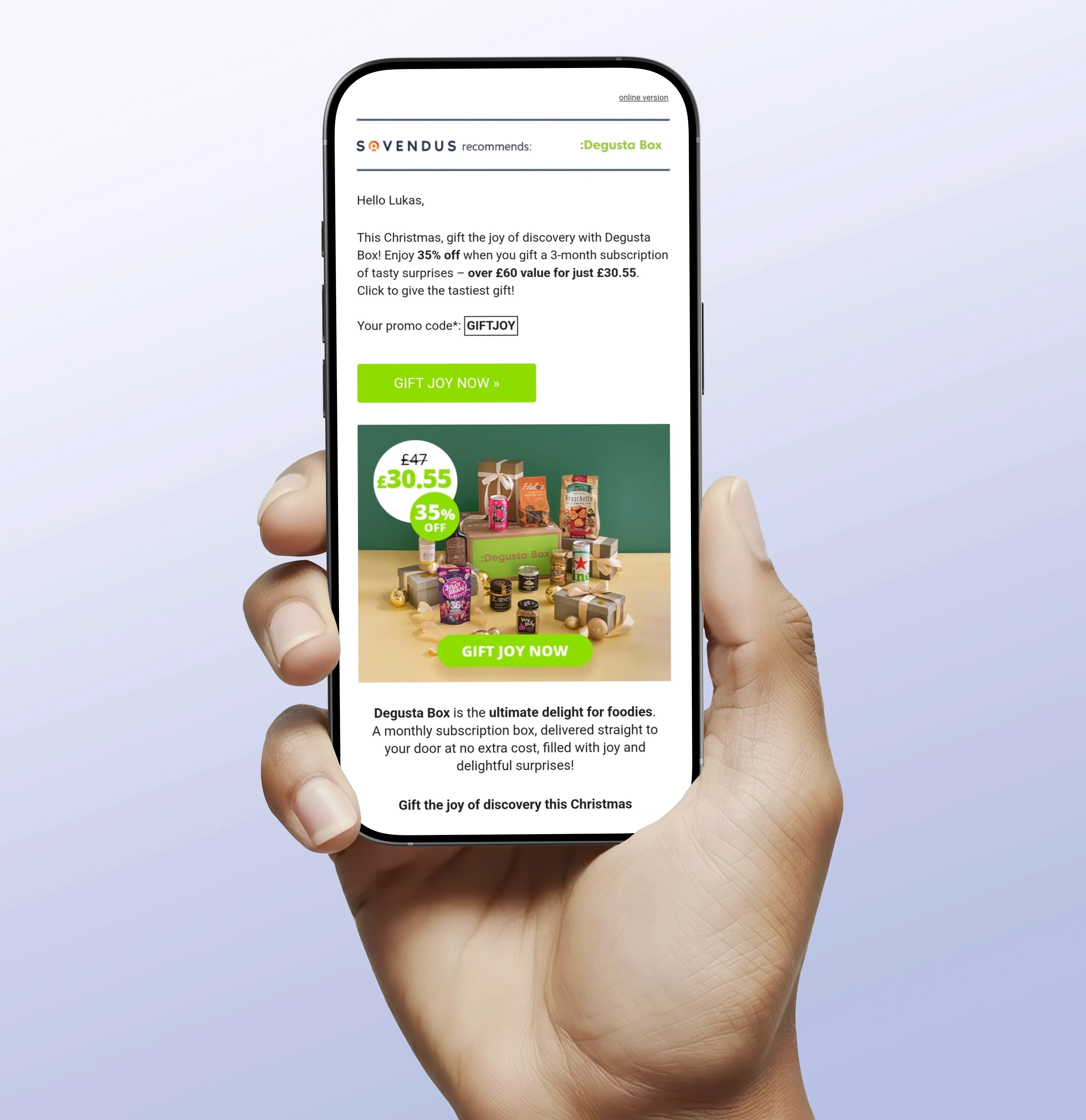 Smartphone affichant l'écran du produit Sovendus