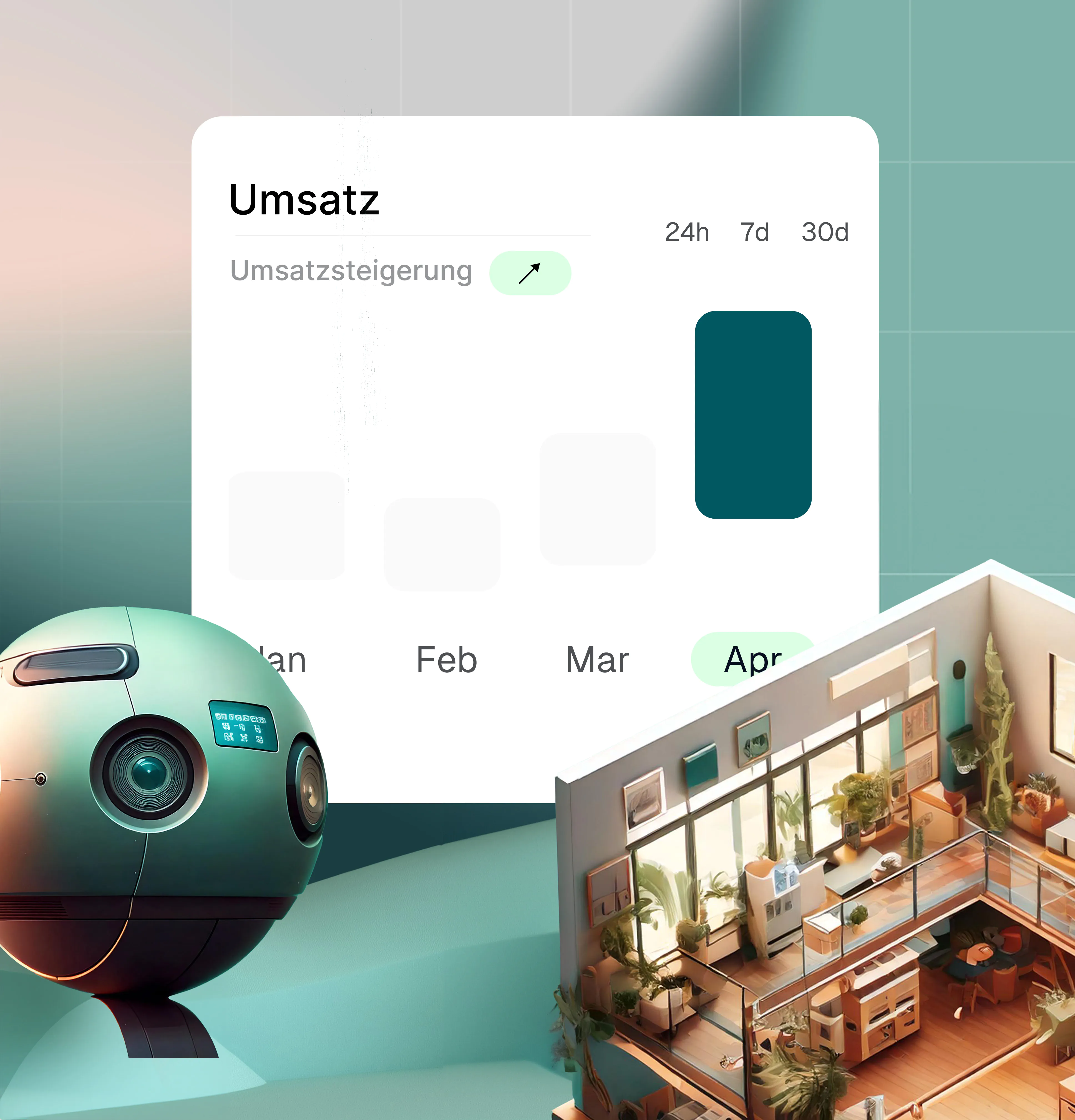 Design mockup featuring a web interface, camera, and interior design elements on a colorful background.