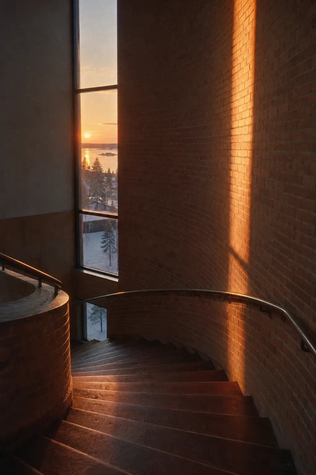A curved red-brick staircase with a stripe of low sun on the wall.